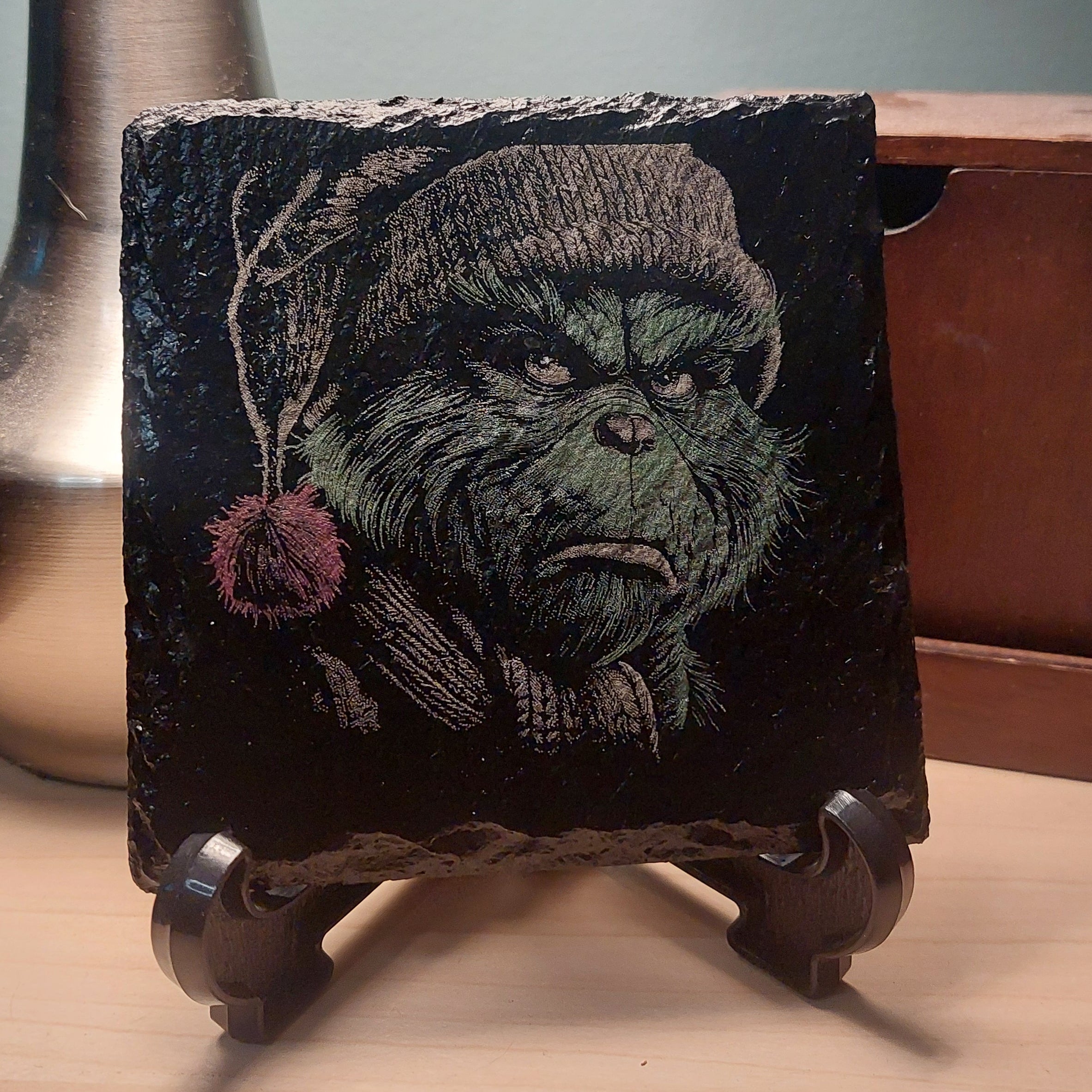 Grumpy Grinch Laser Engraved Slate Coaster - Hand-Colored Christmas Decor