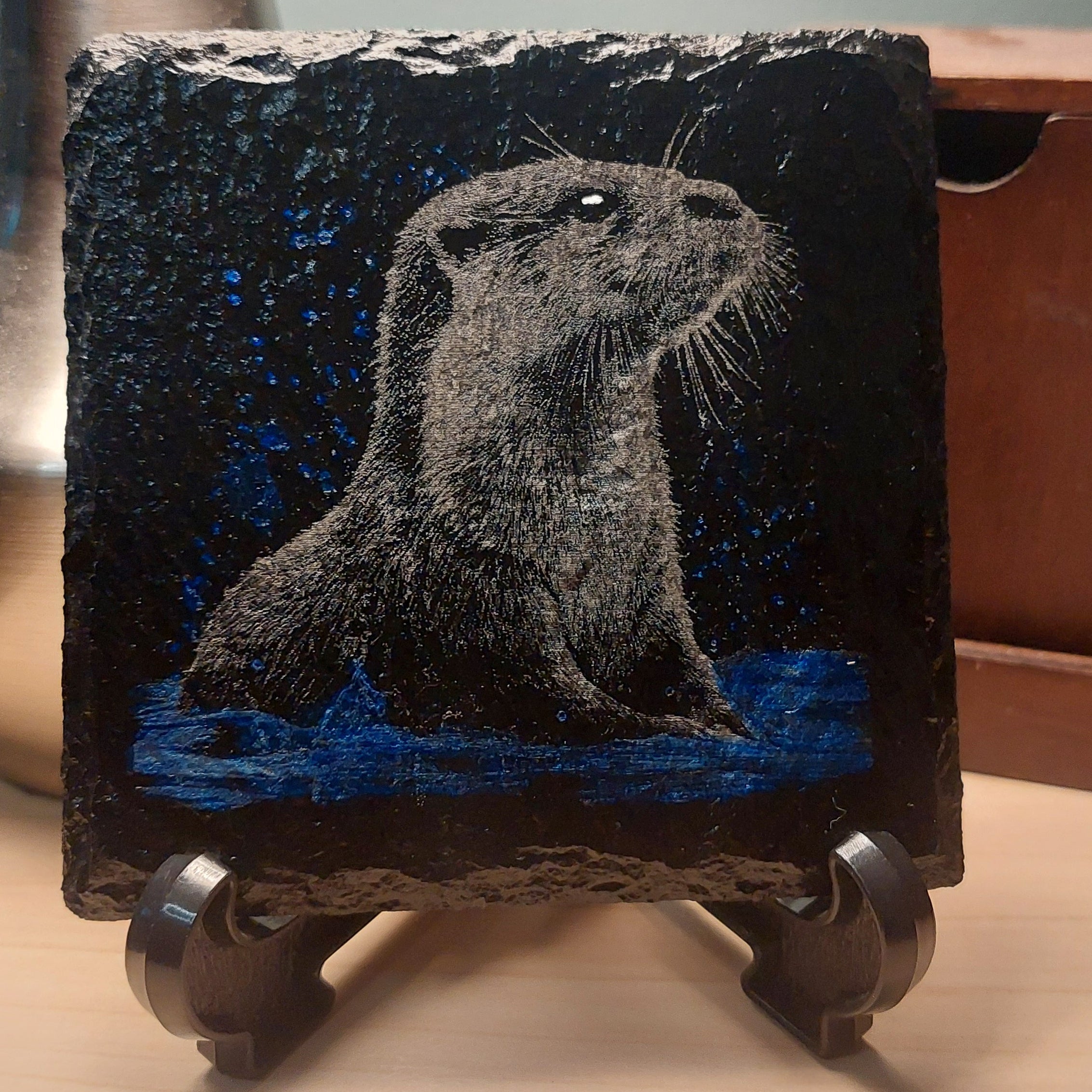Laser Engraved & Colored Slate Coaster - Otter In The Water - Home Decor