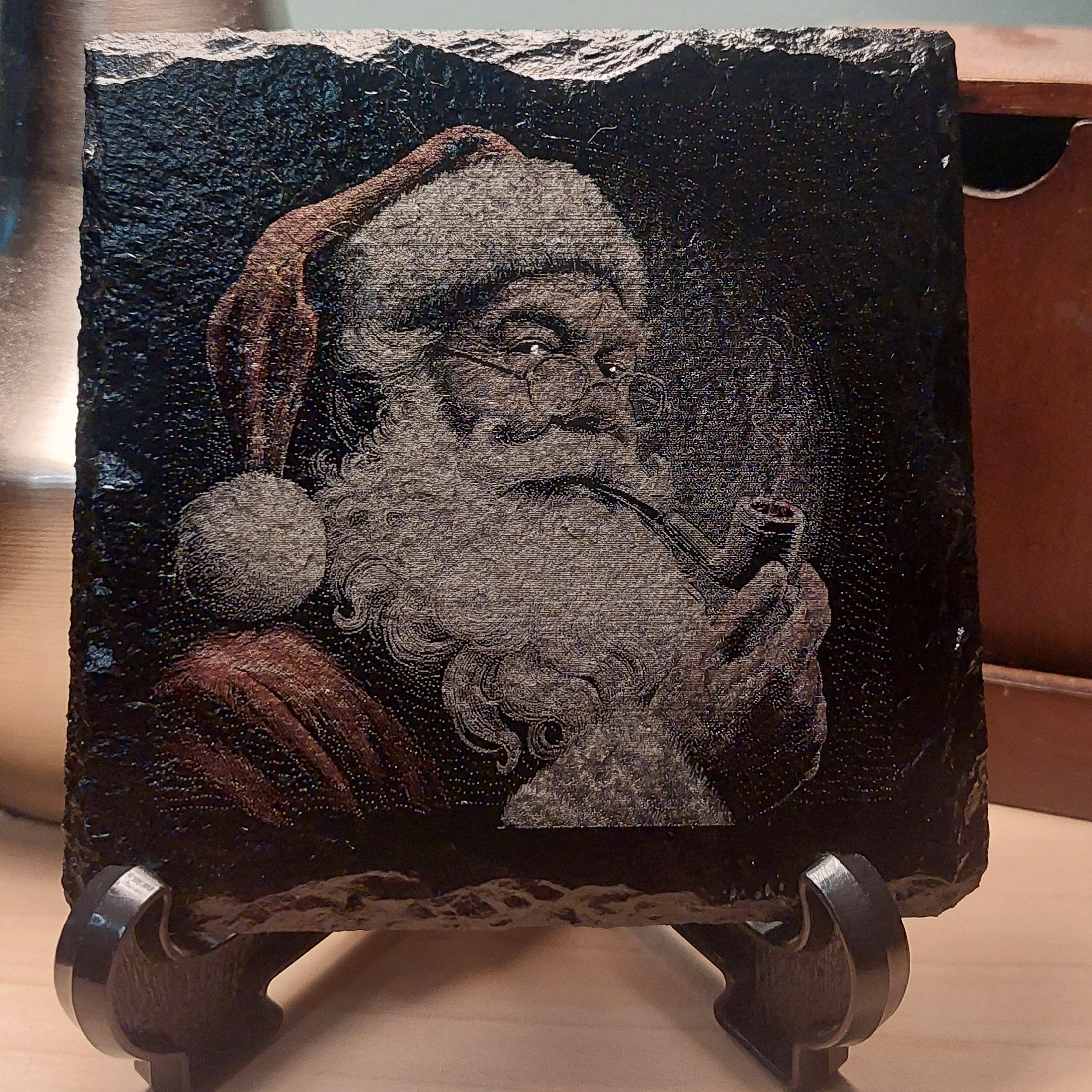 Laser Engraved & Colored Slate Coaster - Smoking Santa - Christmas Decor - Home Decor