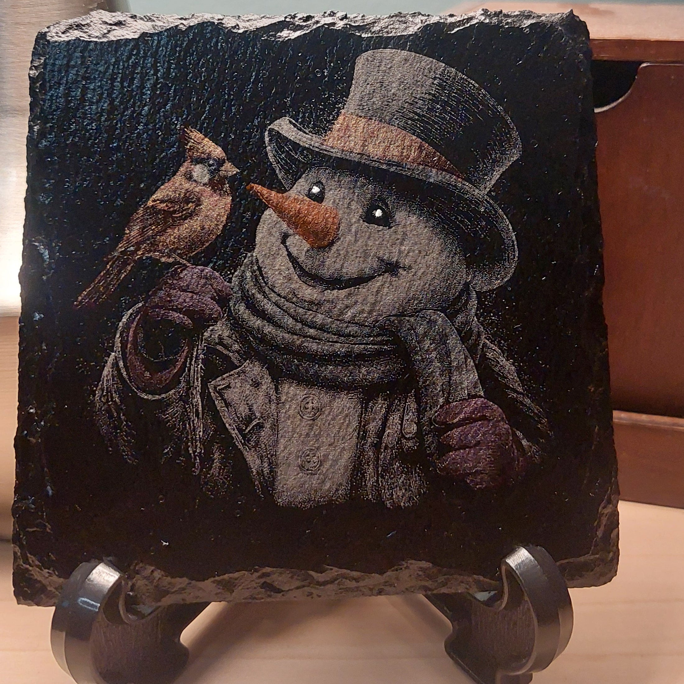 Laser Engraved & Colored Slate Coaster - Jack Frost & Cardinal - Christmas Decor - Home Decor