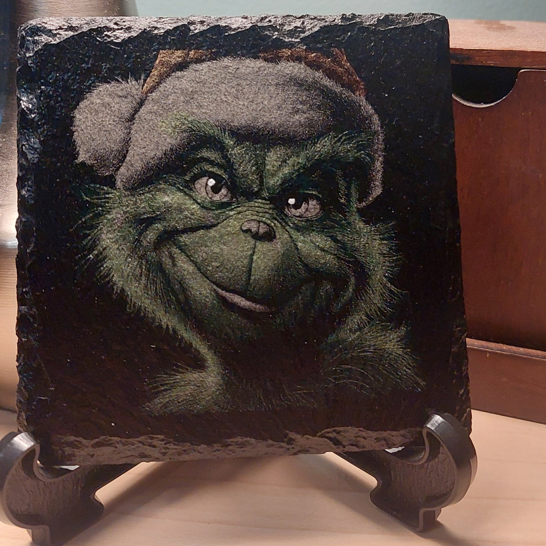 Laser Engraved & Colored Slate Coaster - SATISFIED GRINCH - Christmas Decor - Home Decor