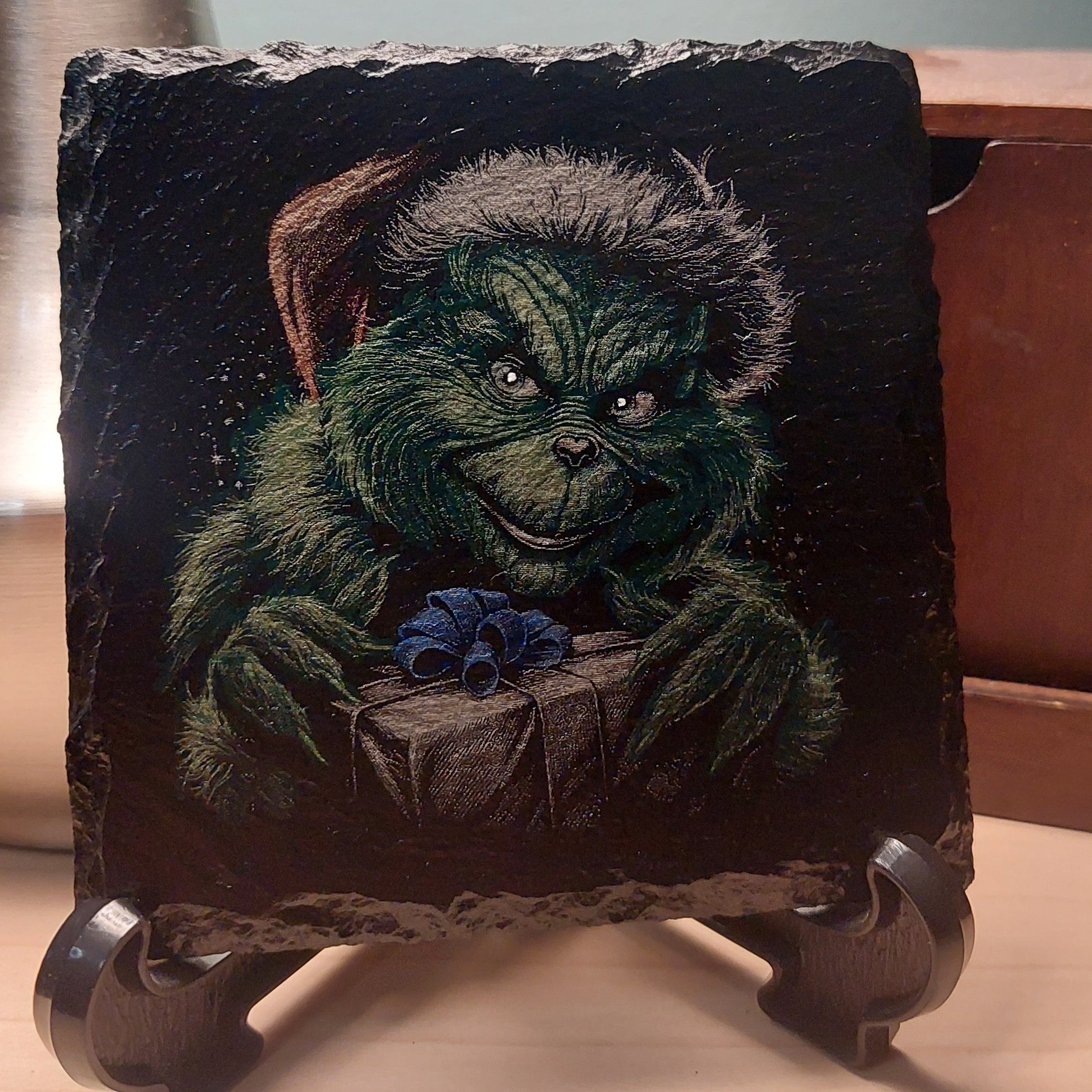 Laser Engraved & Colored Slate Coaster - Grinch Blue Ribbon - Christmas Decor - Home Decor