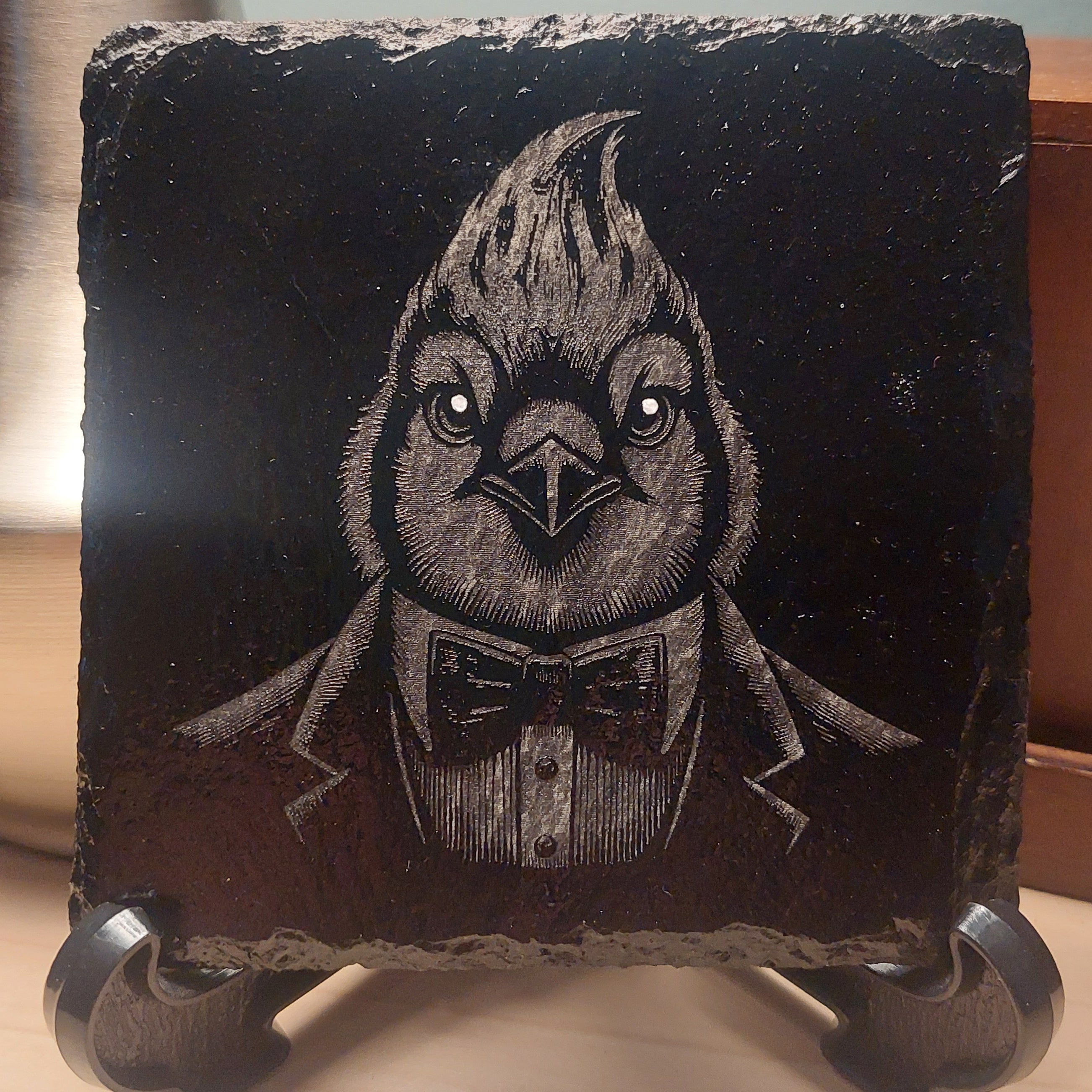Laser Engraved Slate Coaster - Bluejay In A Suit * - Home Decor