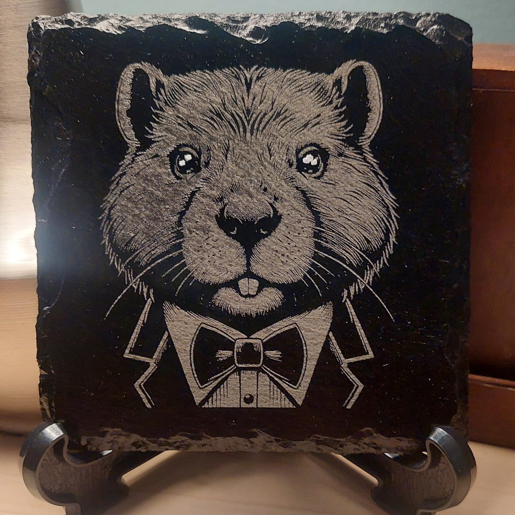 Laser Engraved Slate Coaster - Beaver In A Suit * - Home Decor