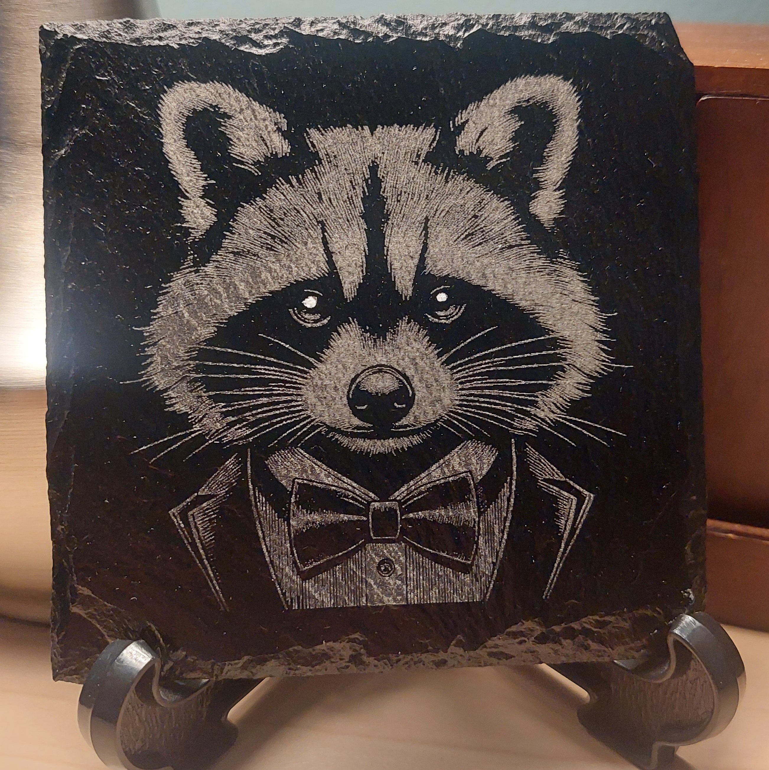 Laser Engraved Slate Coaster - Raccoon In A Suit * - Home Decor