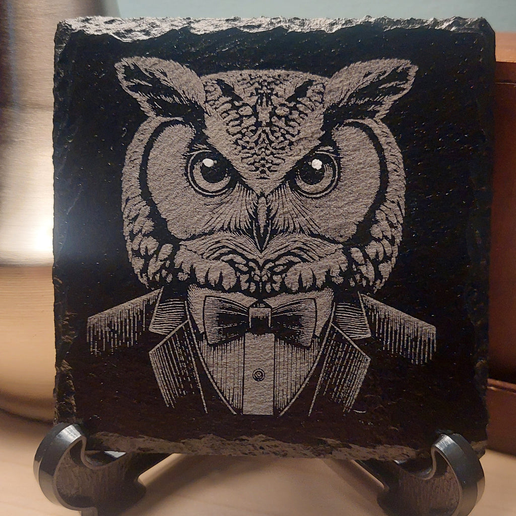Laser Engraved Slate Coaster - Owl In A Suit * - Home Decor