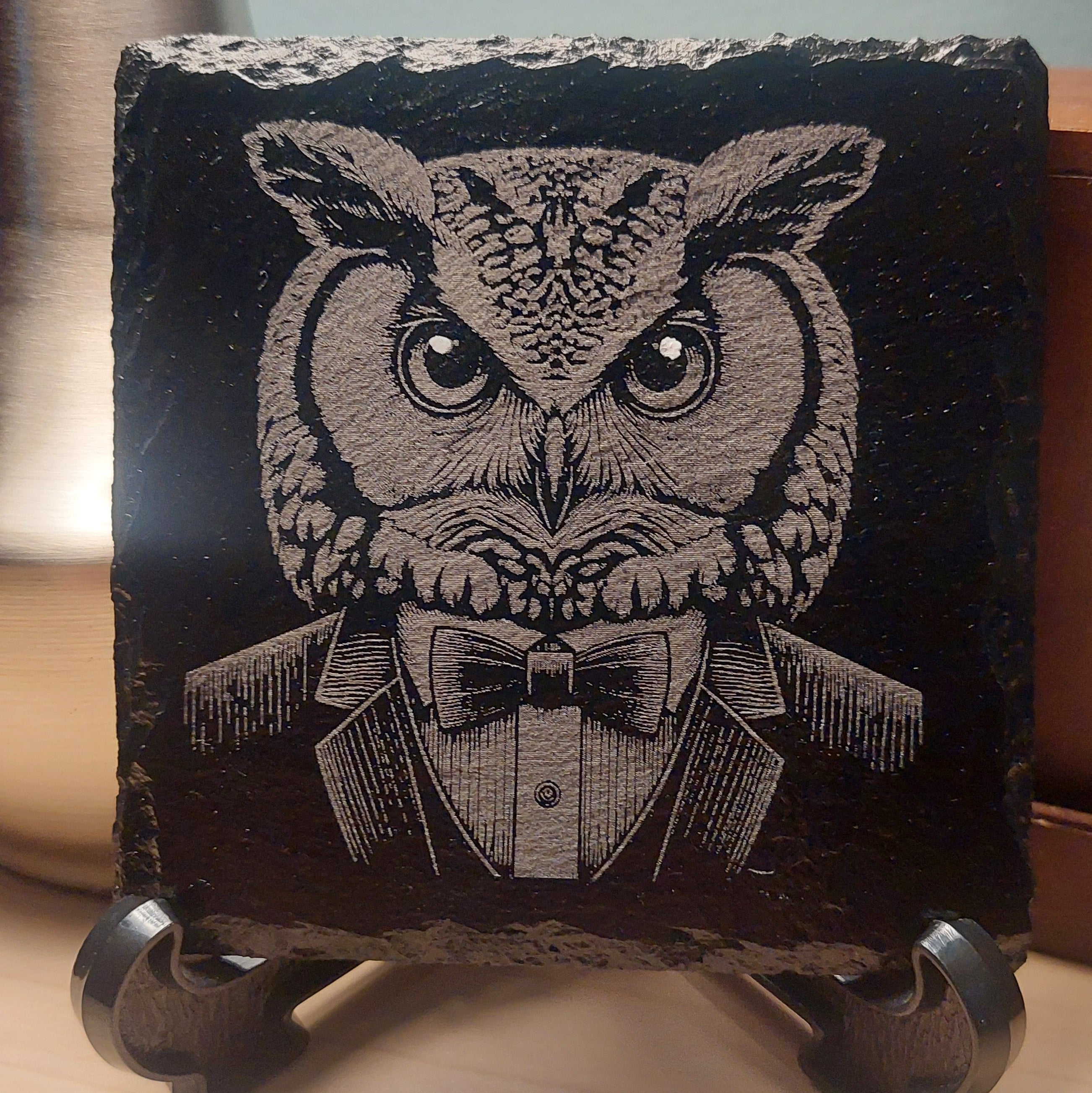 Laser Engraved Slate Coaster - Owl In A Suit * - Home Decor