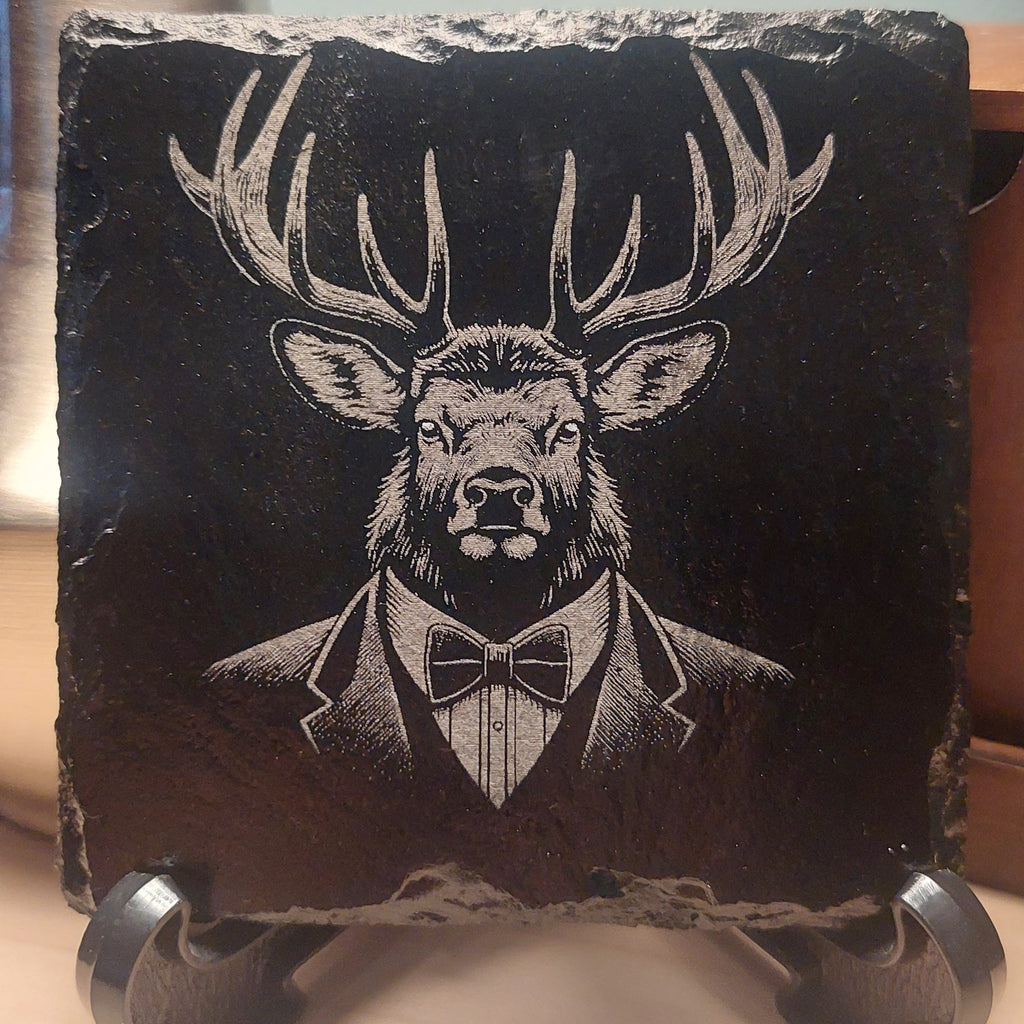 Laser Engraved Slate Coaster - Elk In A Suit * - Home Decor