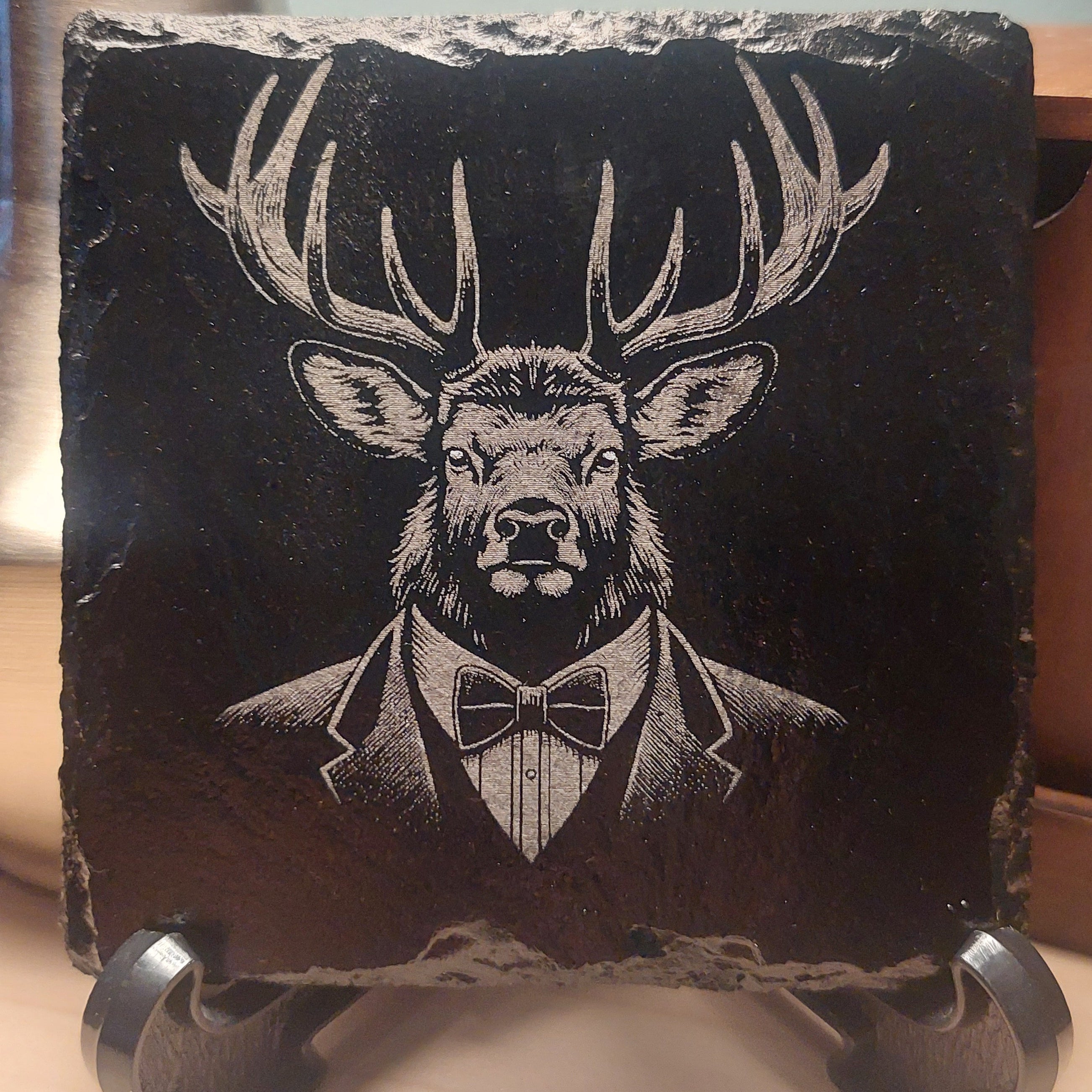 Laser Engraved Slate Coaster - Elk In A Suit * - Home Decor