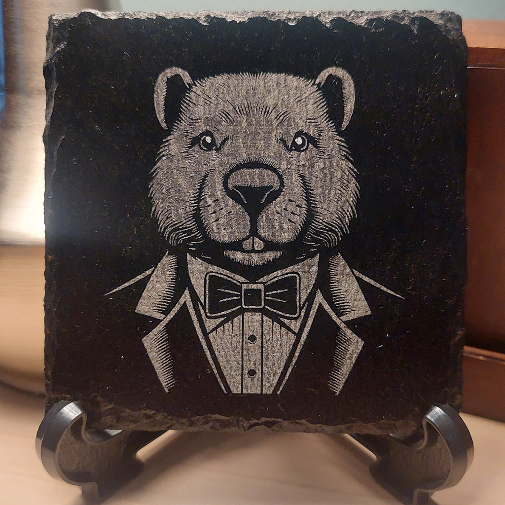 Laser Engraved Slate Coaster - Beaver In A Suit #2 * - Home Decor