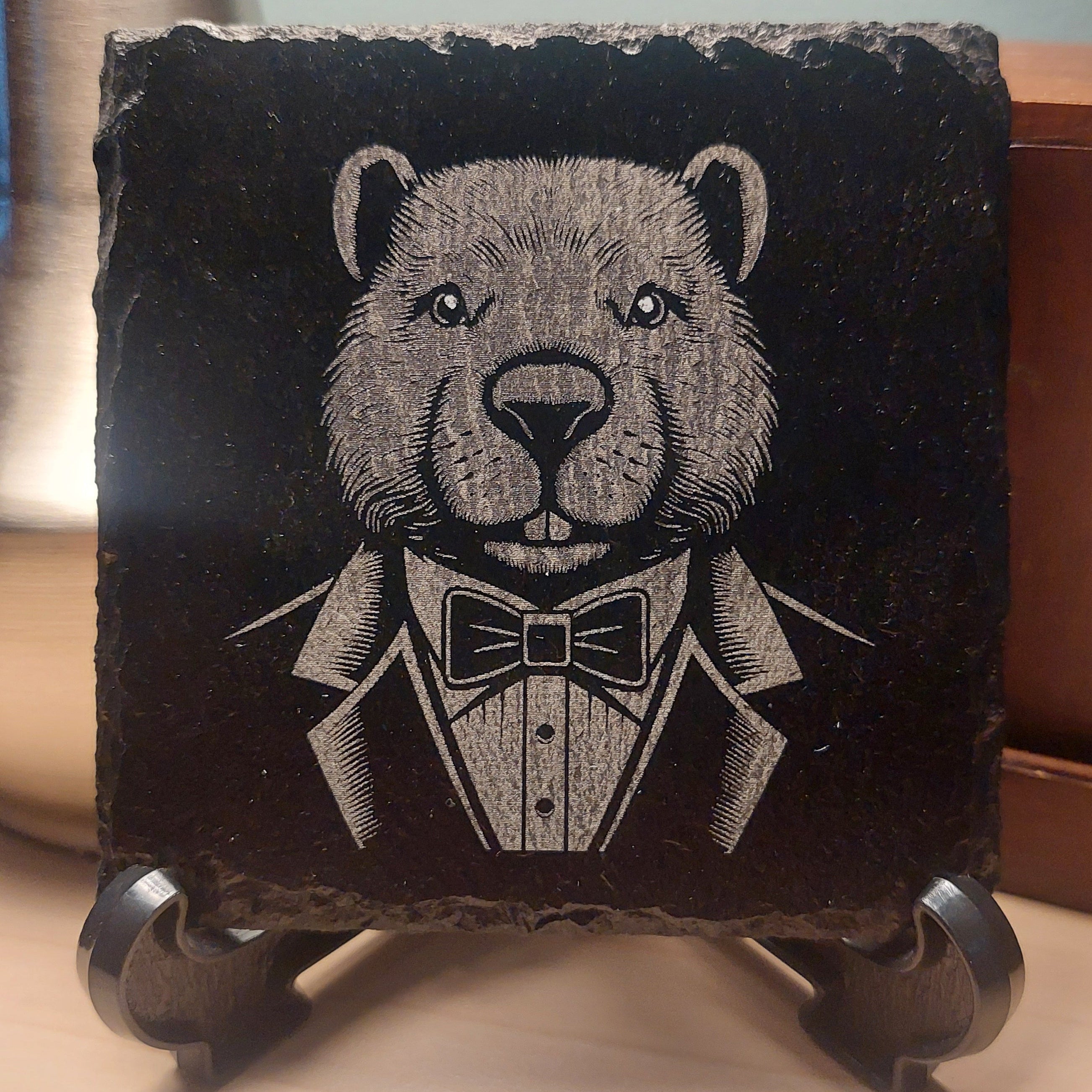Laser Engraved Slate Coaster - Beaver In A Suit #2 * - Home Decor
