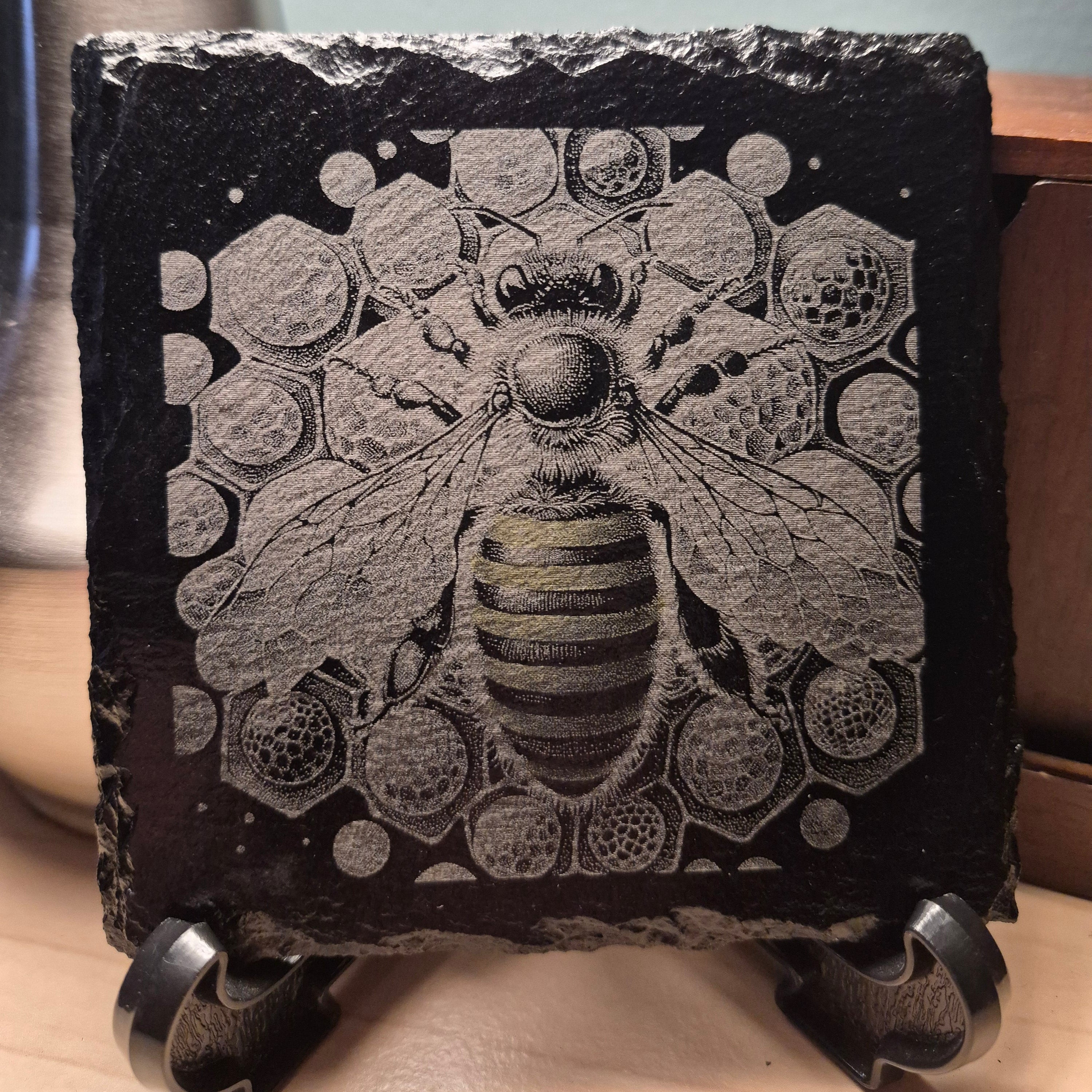 Laser Engraved Slate Coaster - Bee & Honeycombs * - Home Decor