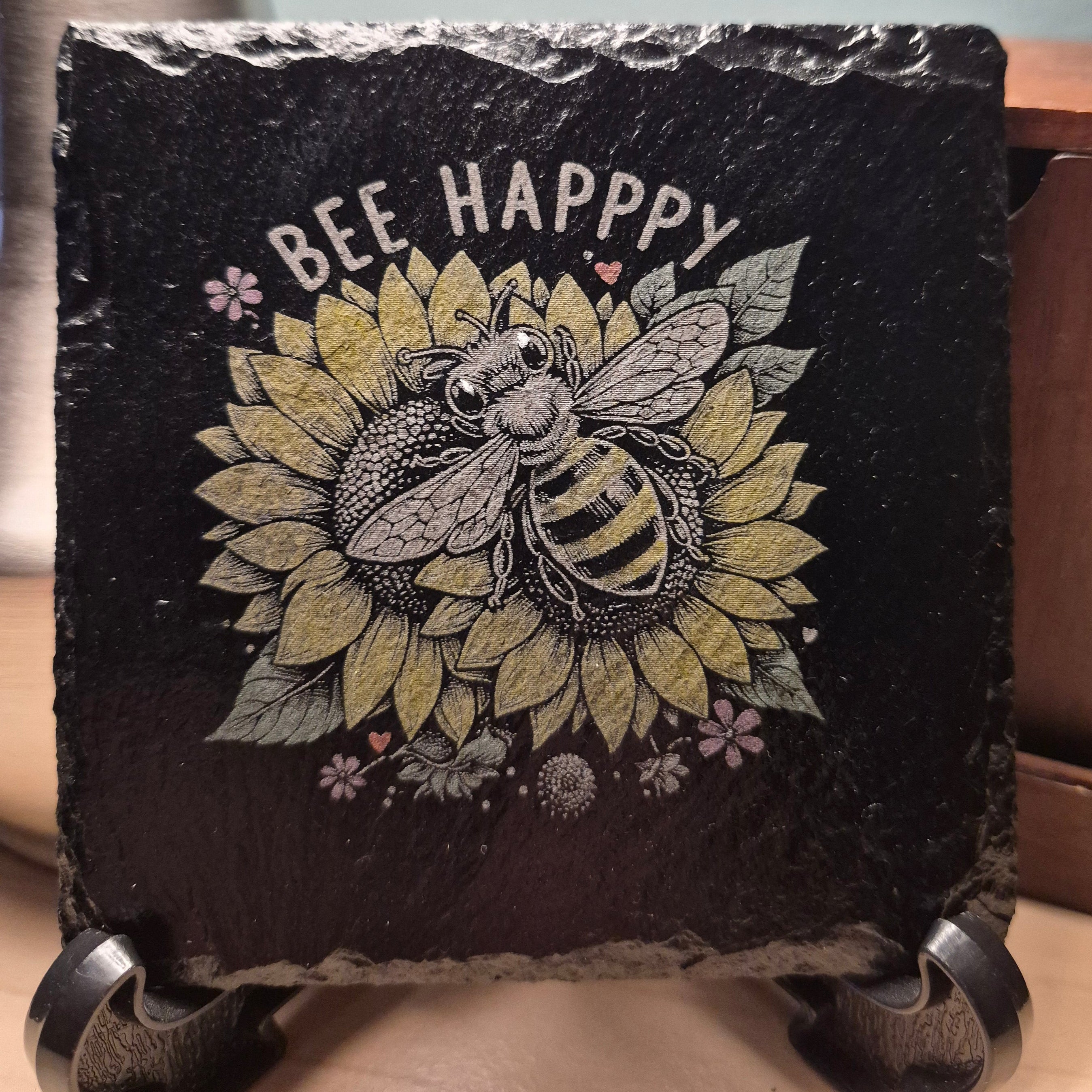 Laser Engraved & Colored Slate Coaster - Bee Happpy * - Home Decor