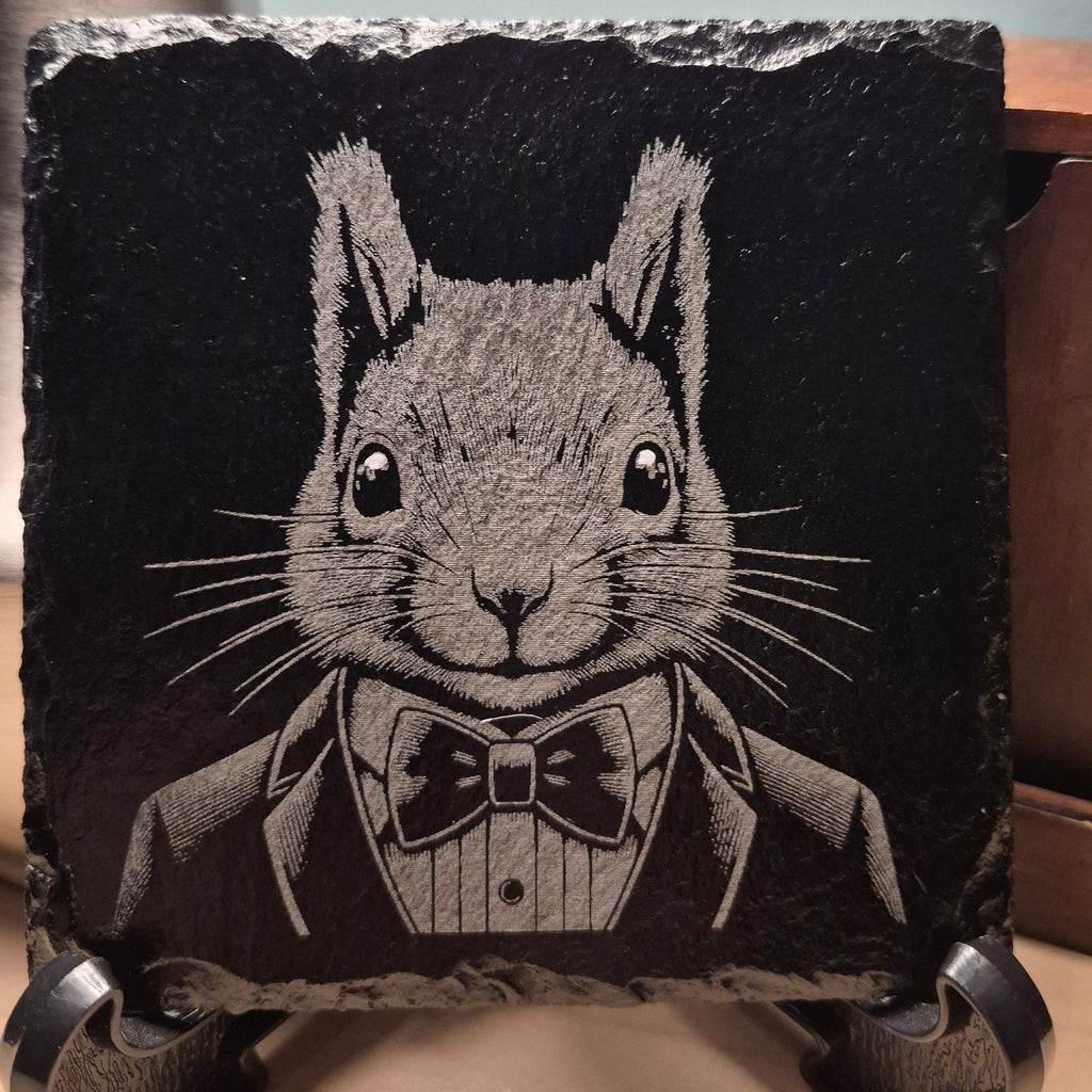 Laser Engraved Slate Coaster - Squirrel In A Suit * - Home Decor