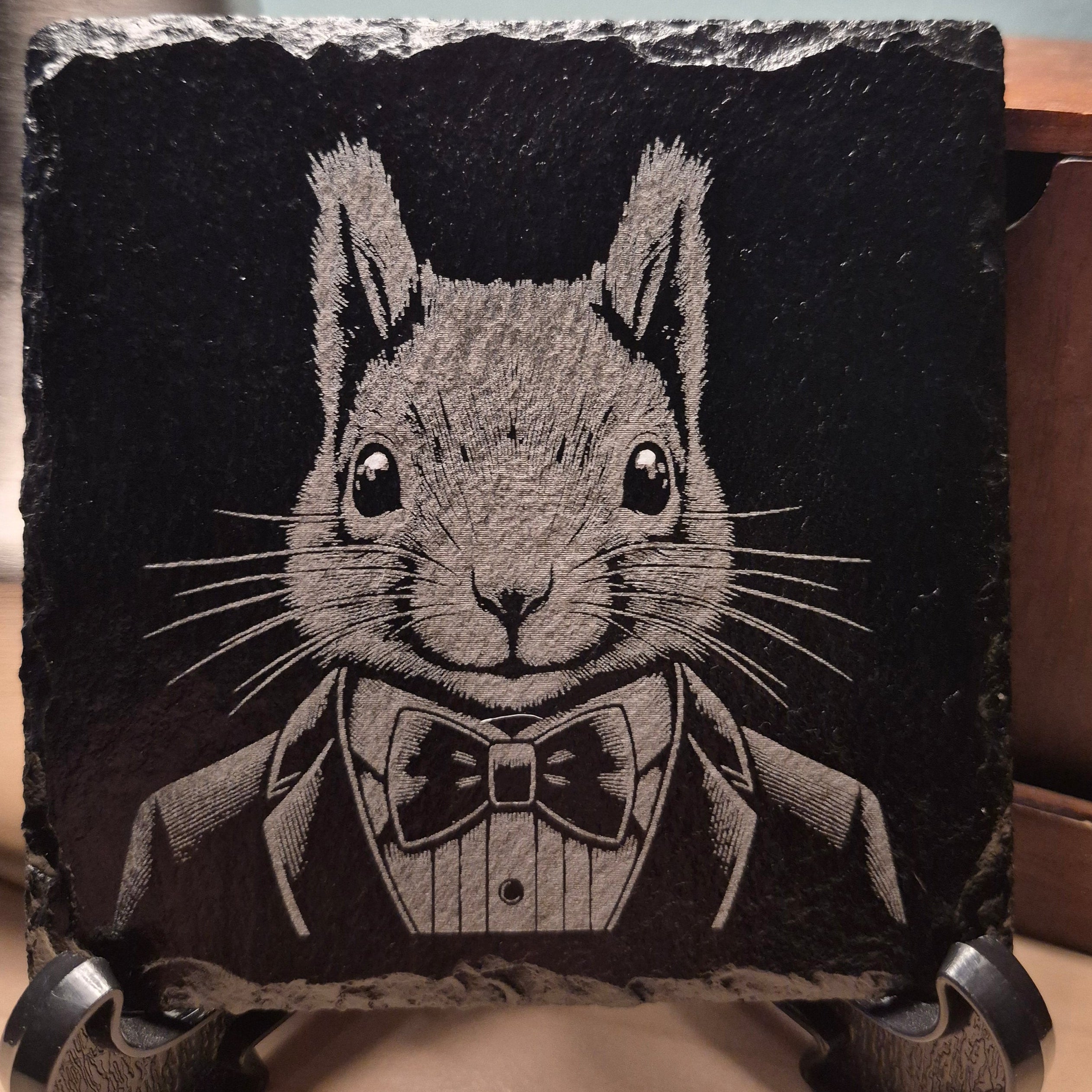 Laser Engraved Slate Coaster - Squirrel In A Suit * - Home Decor
