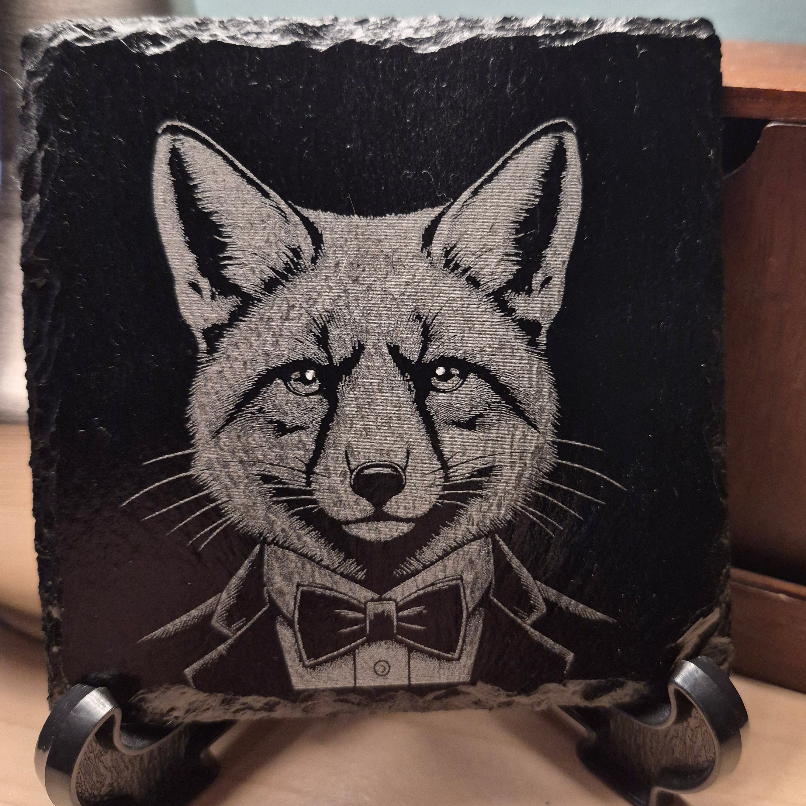 Laser Engraved Slate Coaster - Fox In A Suit * - Home Decor