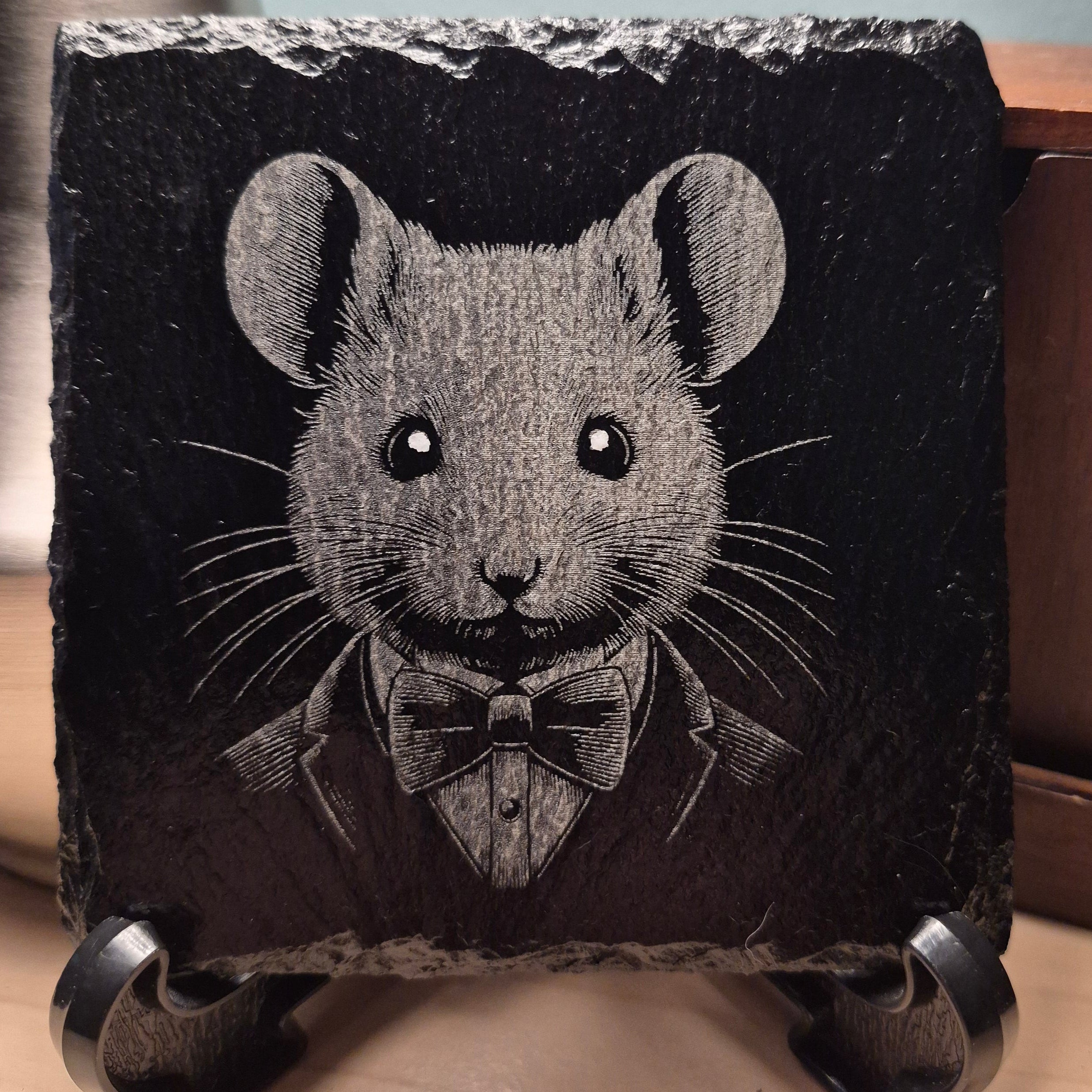 Laser Engraved Slate Coaster - Mouse In A Suit * - Home Decor