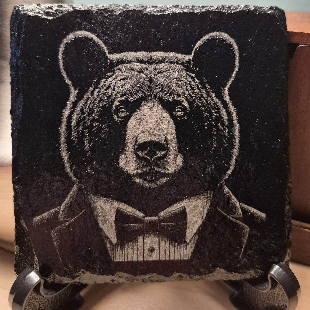 Laser Engraved Slate Coaster - Bear In A Suit * - Home Decor