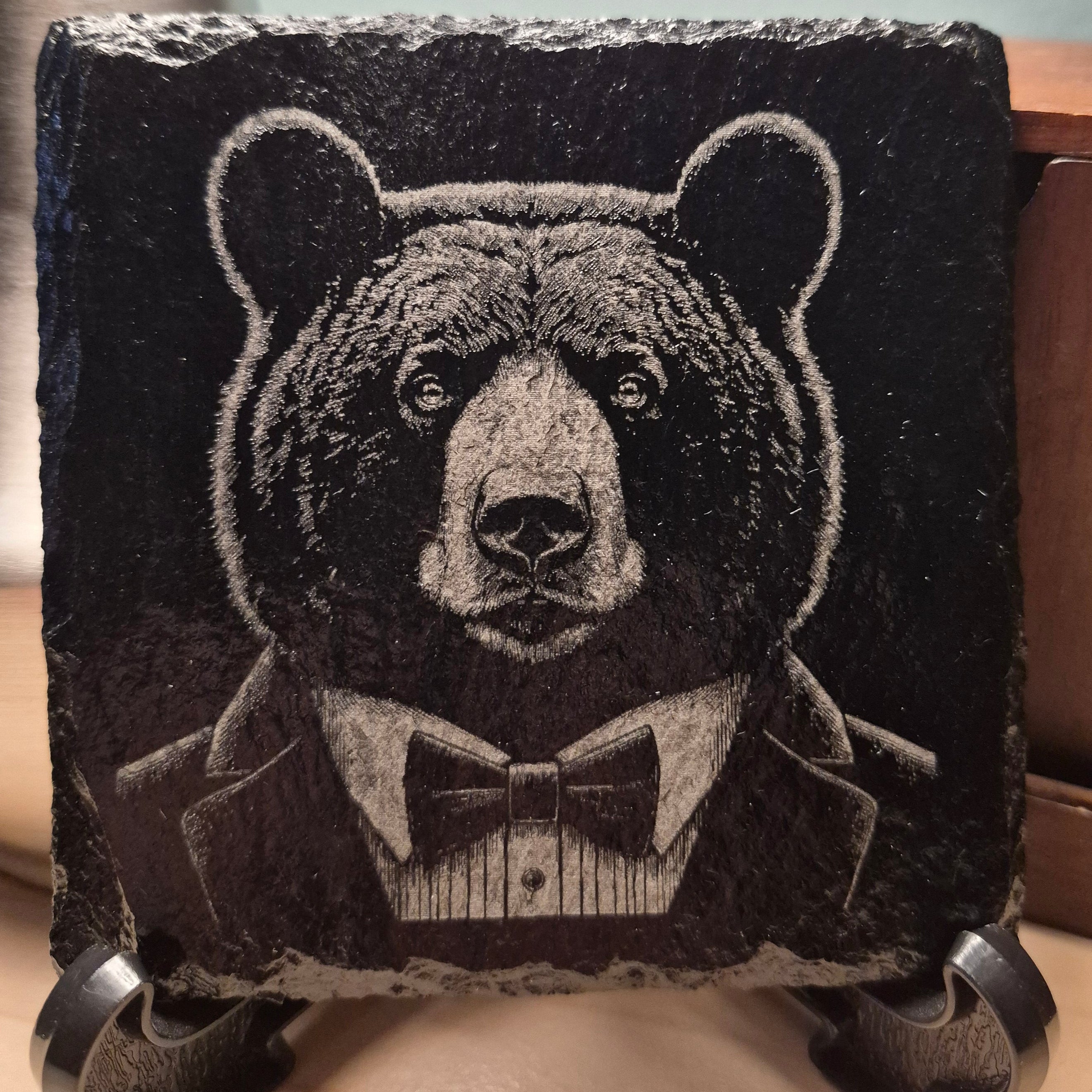 Laser Engraved Slate Coaster - Bear In A Suit * - Home Decor