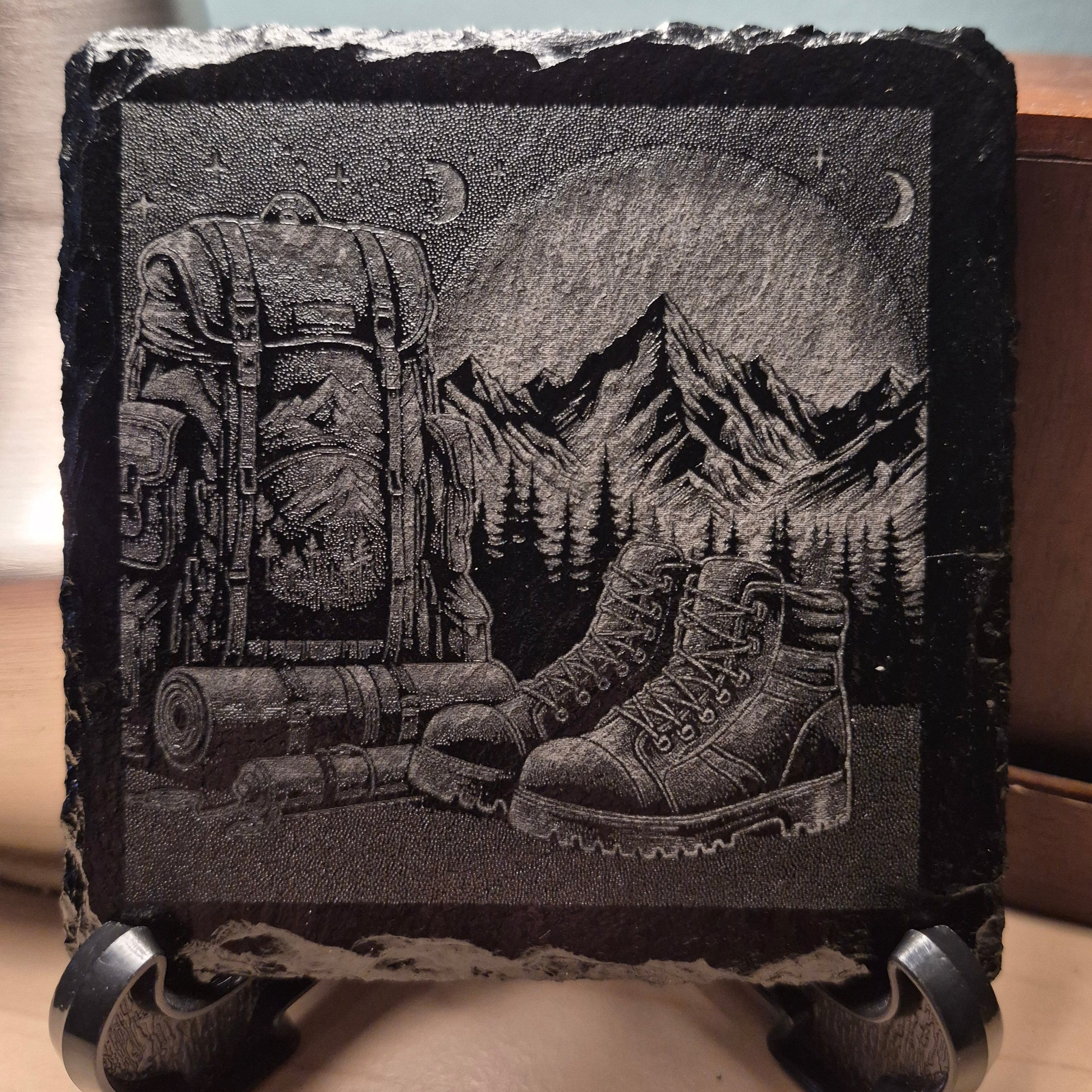 Laser Engraved Slate Coaster - Hiker Oasis * - Home Decor