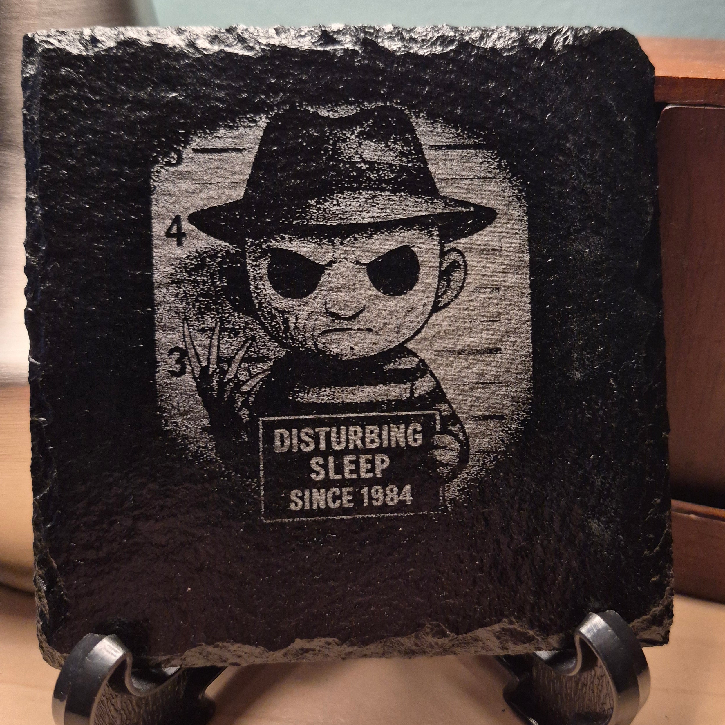 Laser Engraved Slate Coaster - Freddy Krueger "Disturbing Sleep Since 1984" * - Halloween -  Horror Decor
