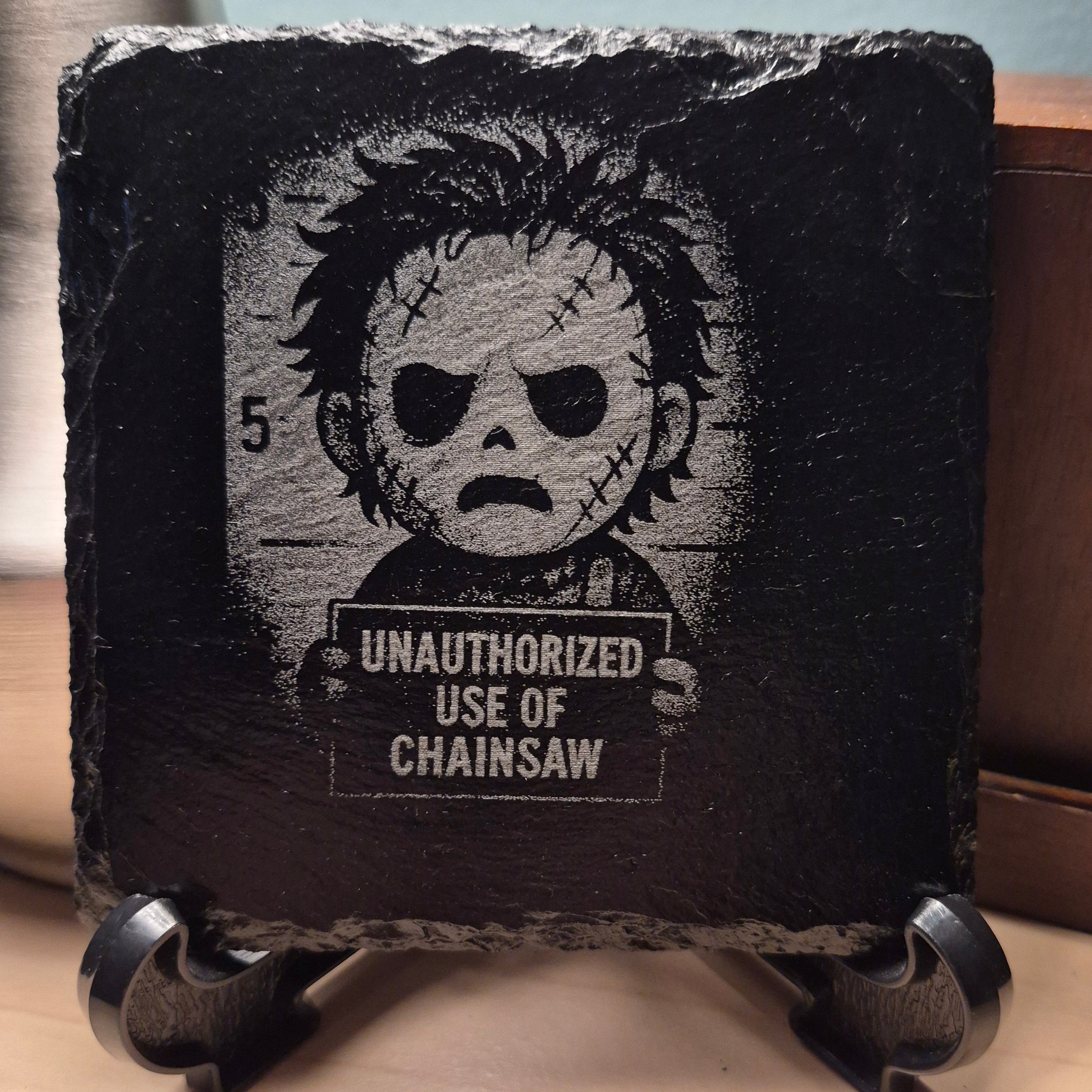 Laser Engraved Slate Coaster - Texas Chainsaw Massacre - Unauthorized Use Of Chainsaw * - Halloween - Horror Decor