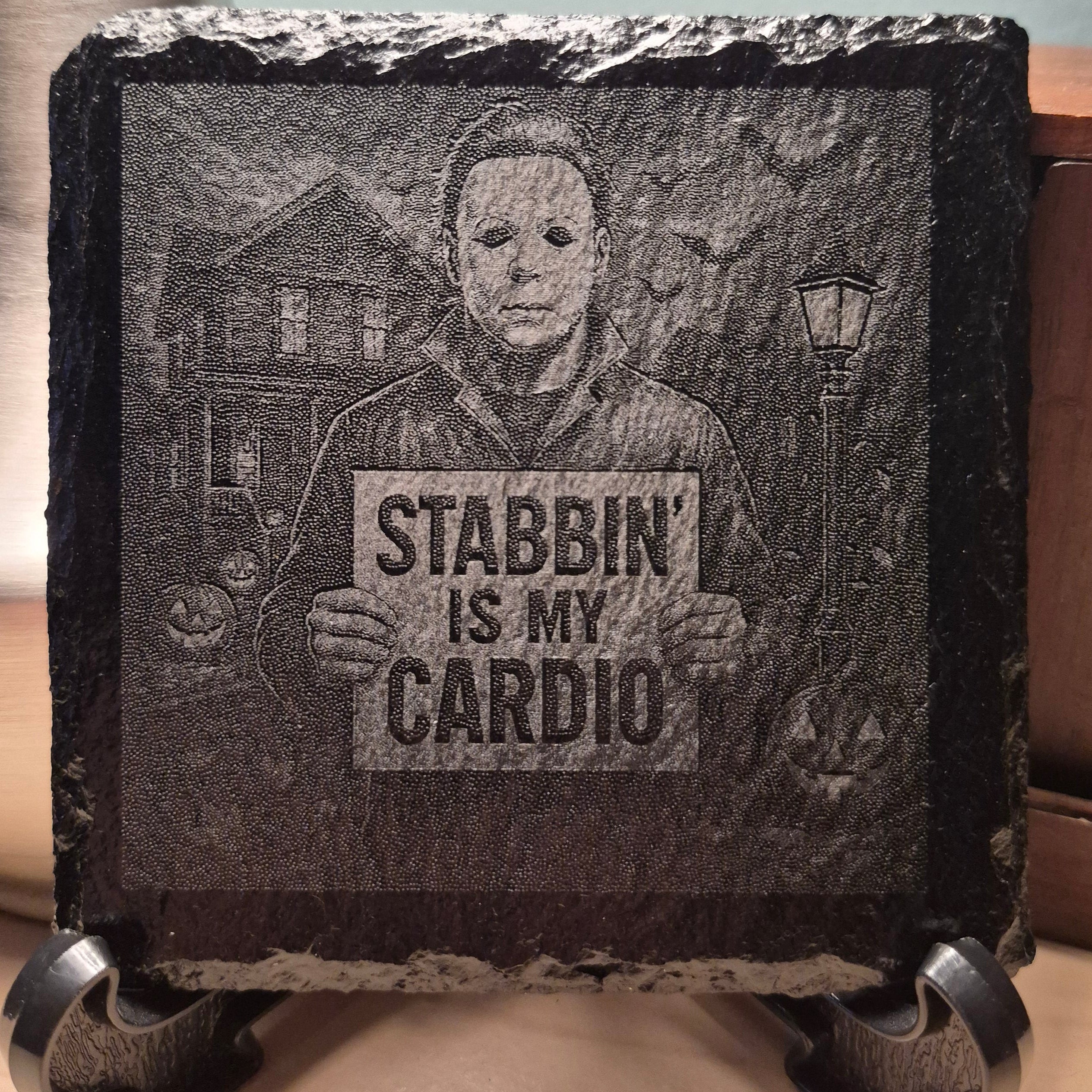 Laser Engraved Slate Coaster - Michael Myers - Stabbin' Is My Cardio * - Halloween - Horror Decor