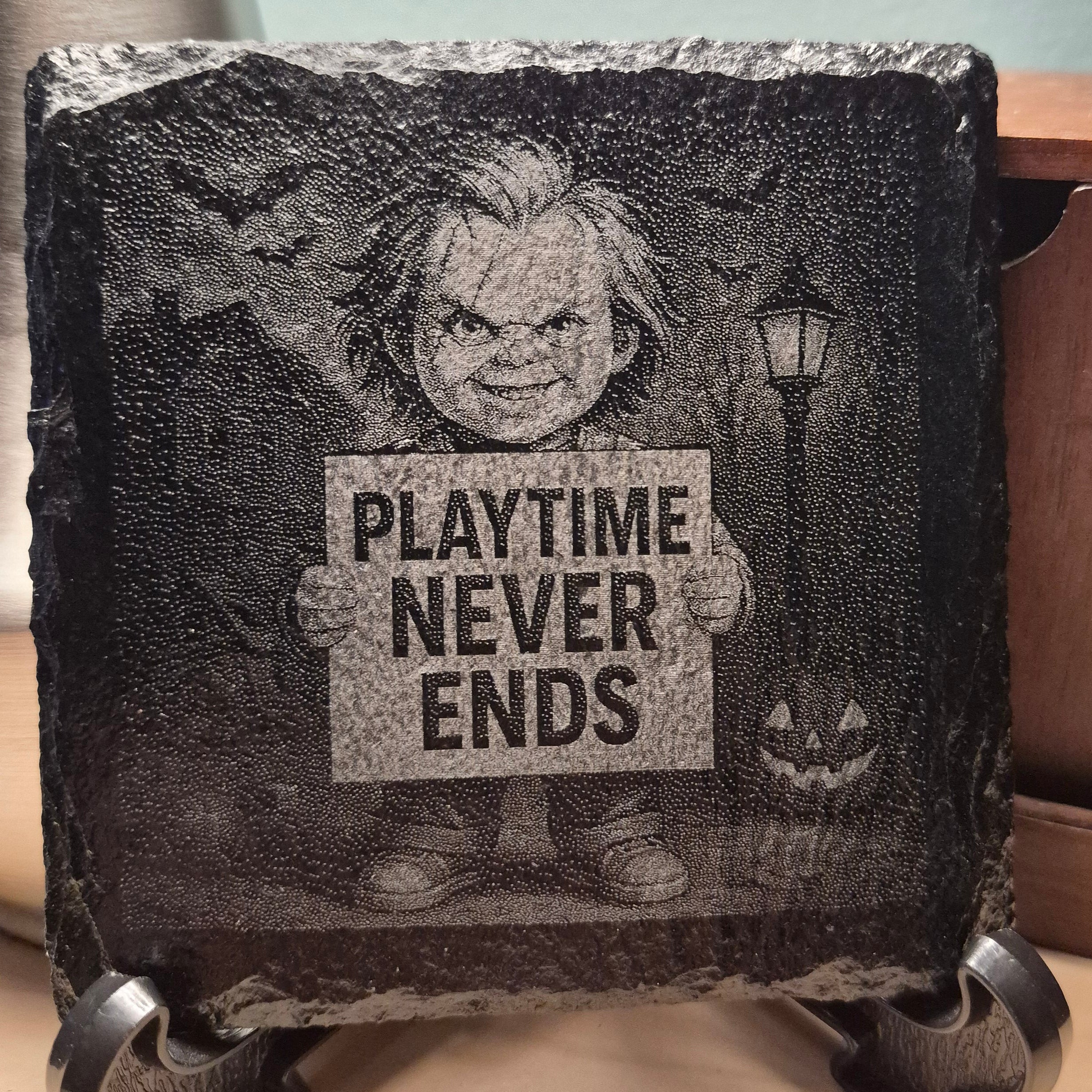 Laser Engraved Slate Coaster - Chucky - Playtime Never Ends * - Halloween - Horror Decor