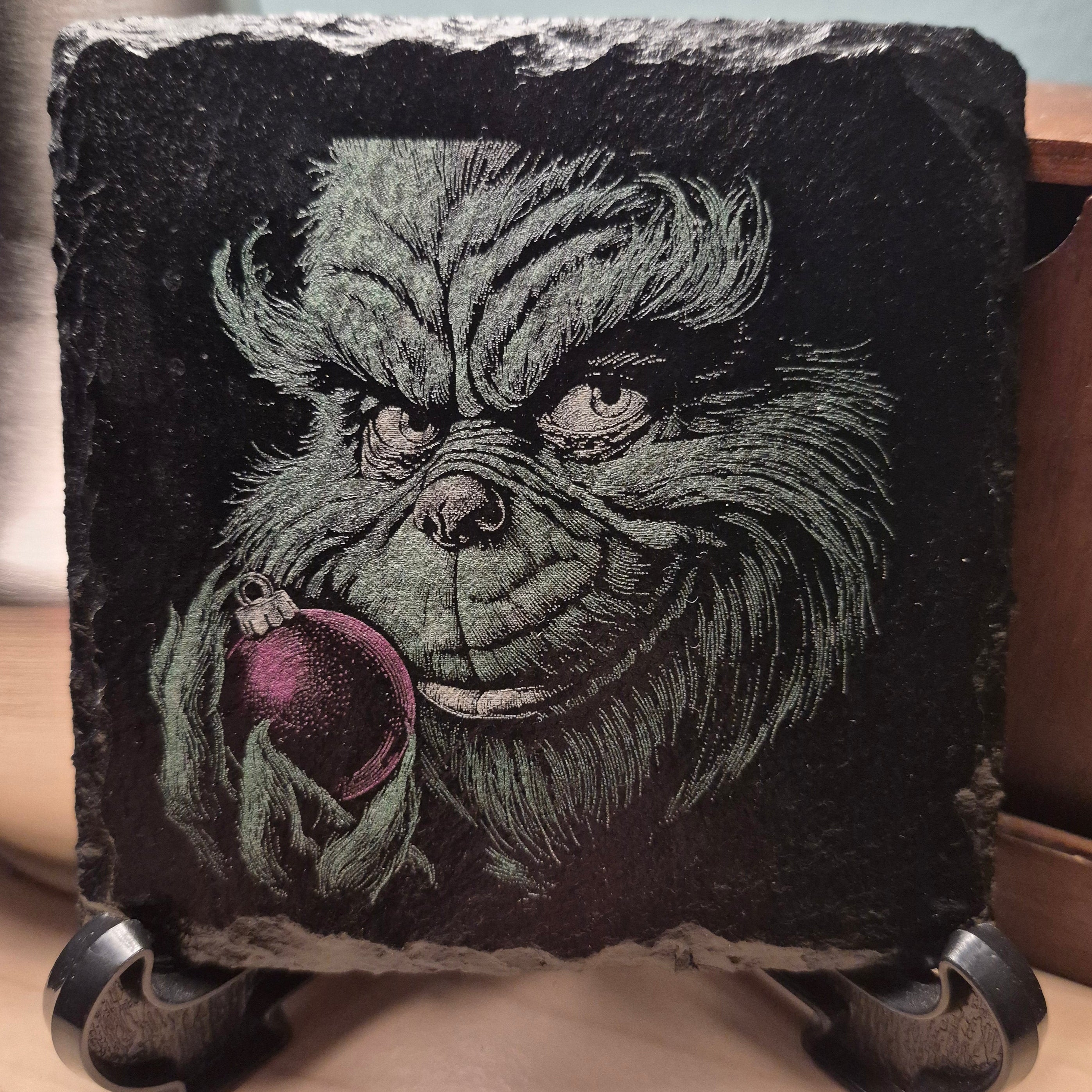 Laser Engraved & Colored Slate Coaster - Grinch Holding An Ornament * - Christmas Decor - Home Decor