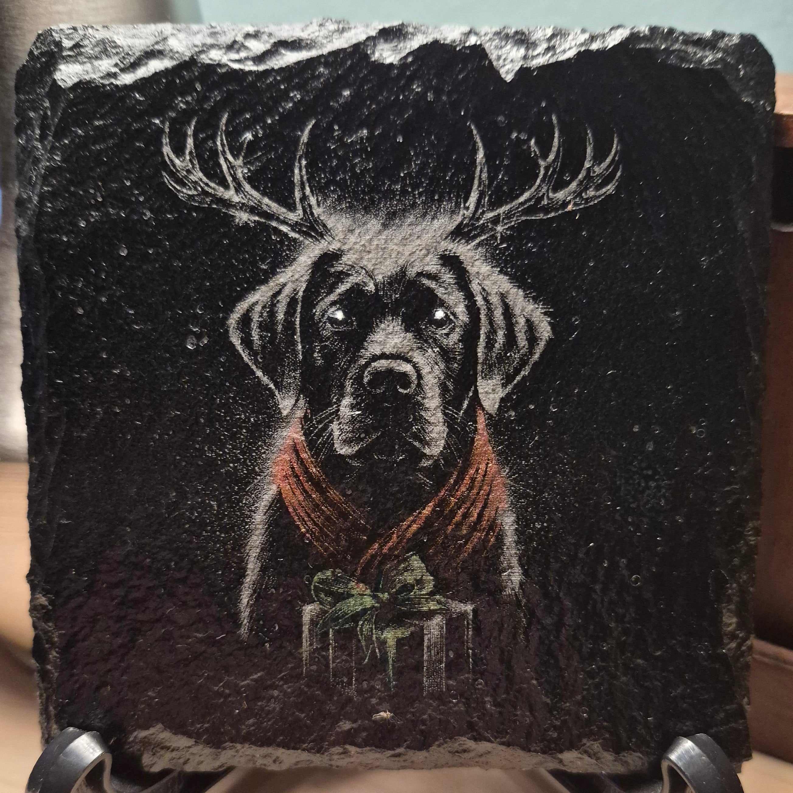 Laser Engraved & Colored Slate Coaster - Dog With Antlers Wearing A Scarf * - Christmas Decor - Home Decor