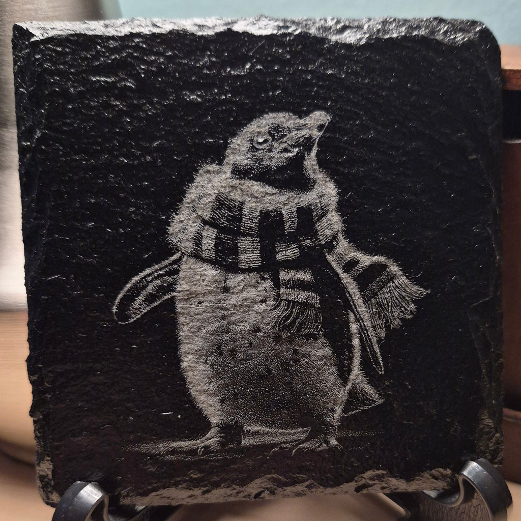 Laser Engraved Slate Coaster - Penguin Wearing A Scarf * - Christmas Decor - Home Decor