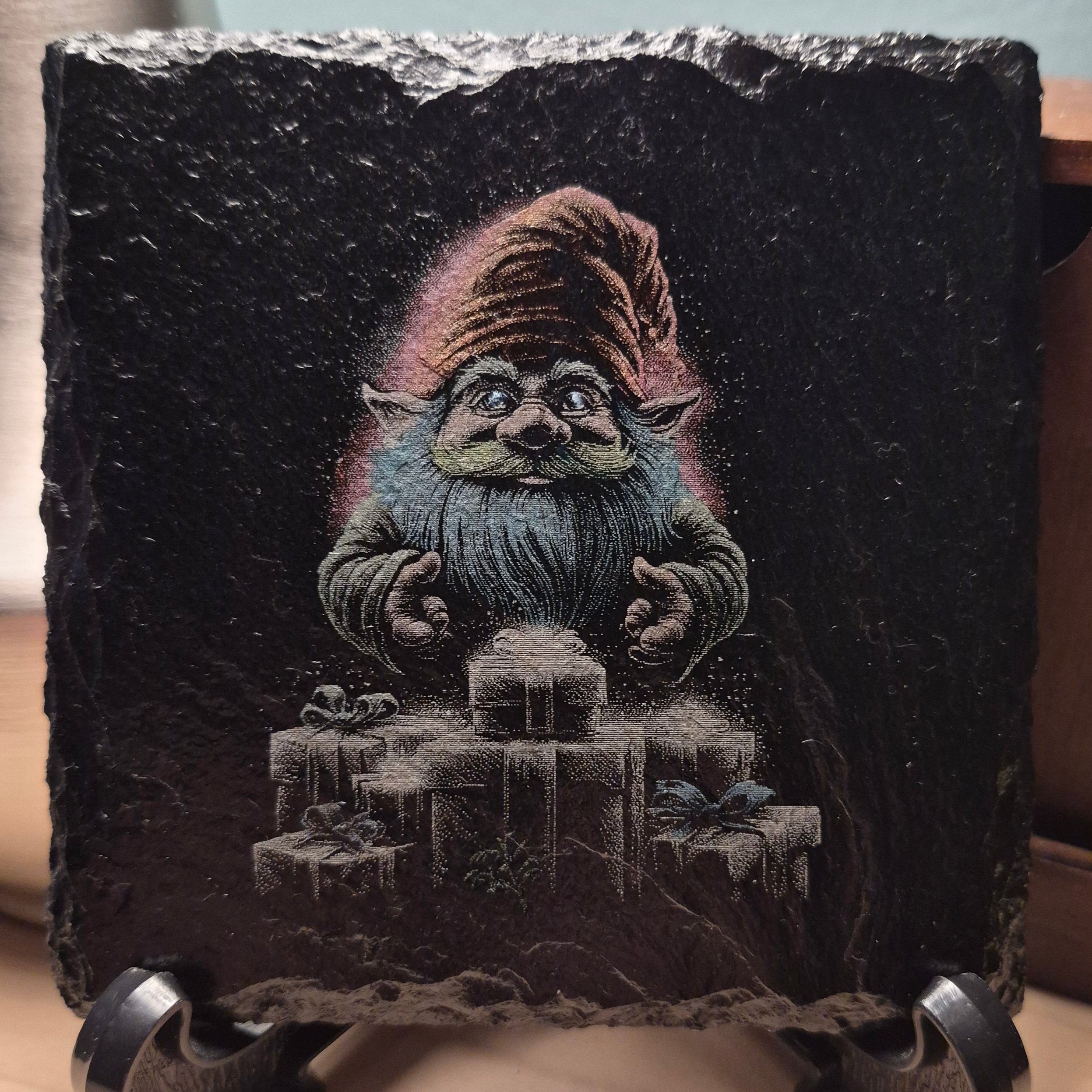 Laser Engraved & Colored Slate Coaster - Gnomie With Gifts * - Christmas Decor - Home Decor