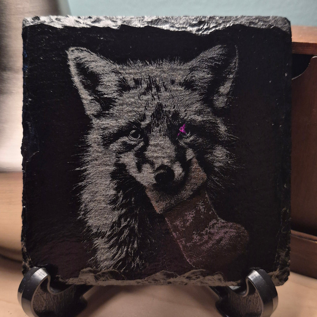 Laser Engraved Slate Coaster - Fox Holding His Stocking * - Christmas Decor - Home Decor