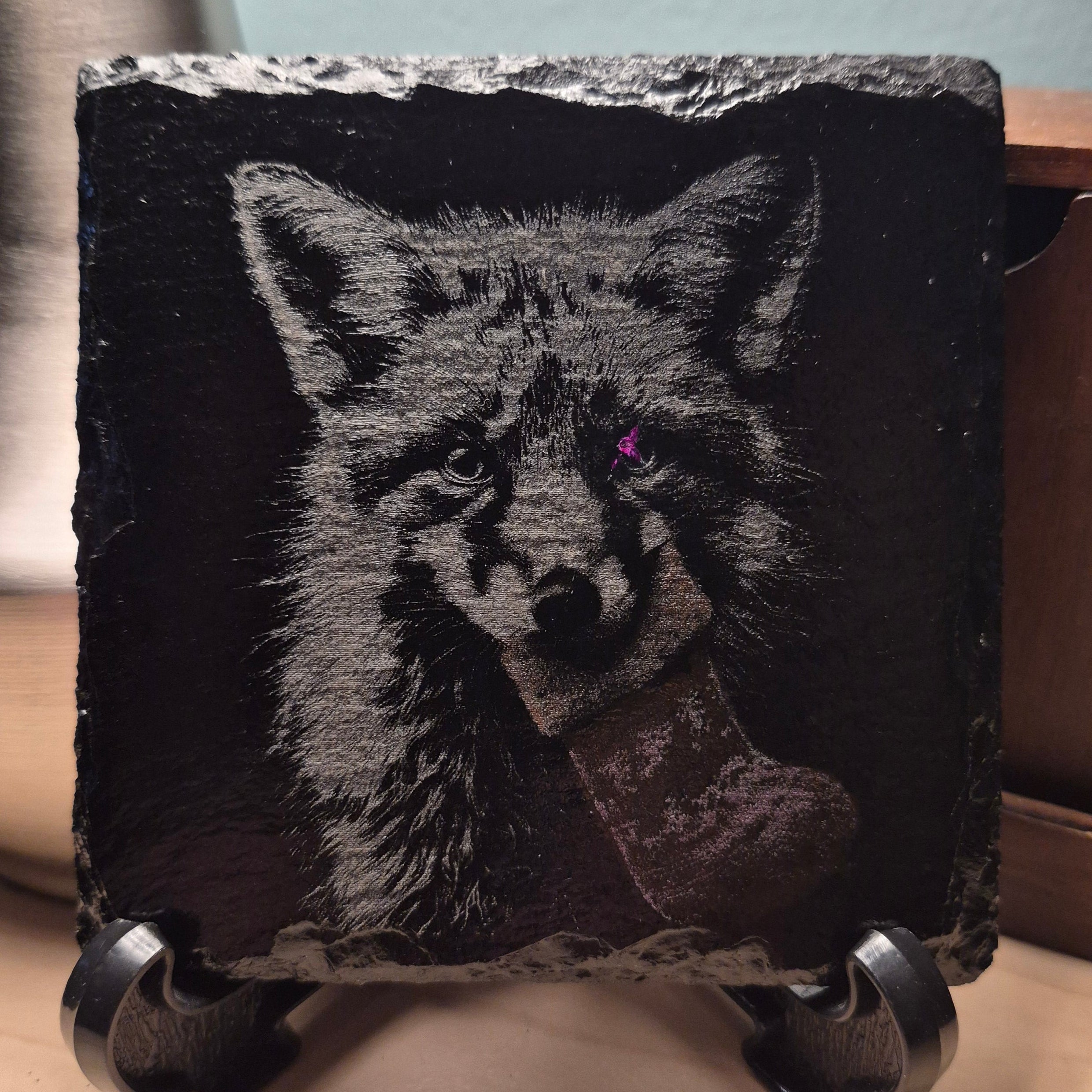 Laser Engraved Slate Coaster - Fox Holding His Stocking * - Christmas Decor - Home Decor