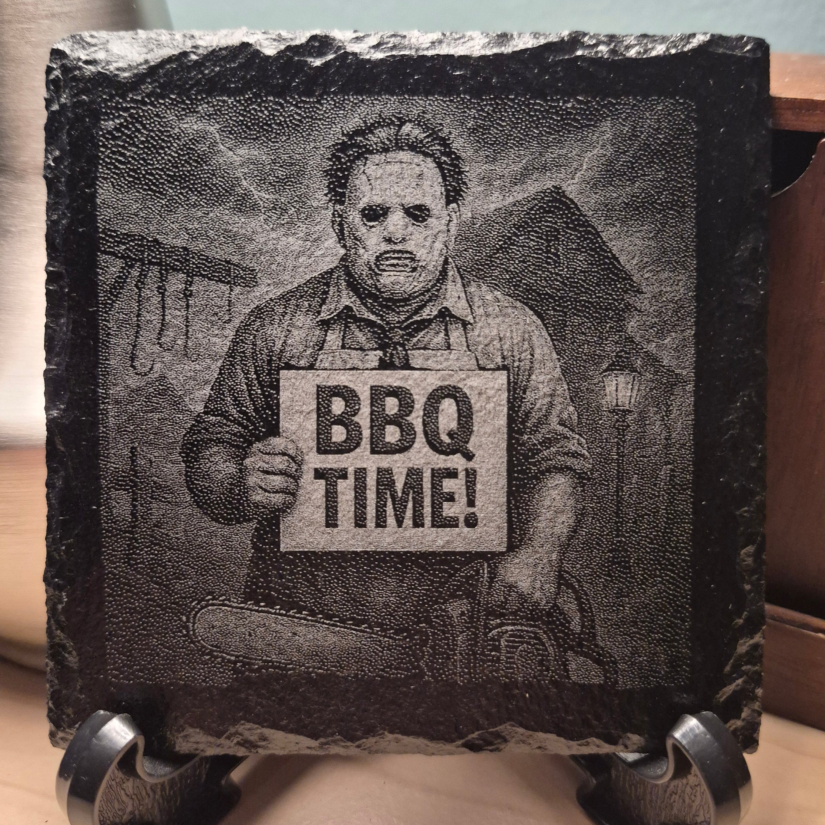 Laser Engraved Slate Coaster - BBQ TIME - Leather Face - Texas Chainsaw Massacre * - Halloween Decor