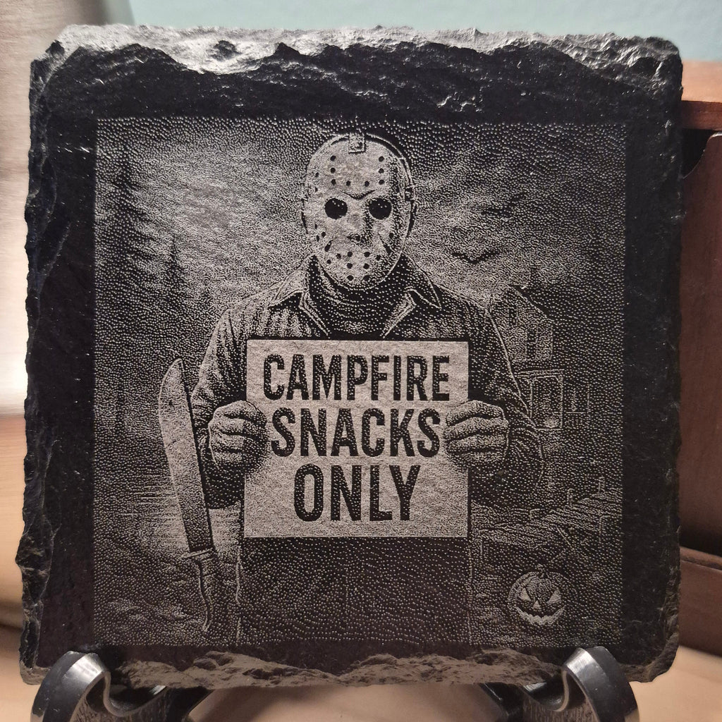 Laser Engraved Slate Coaster - Jason Campfire Snacks Only * - Halloween Decor