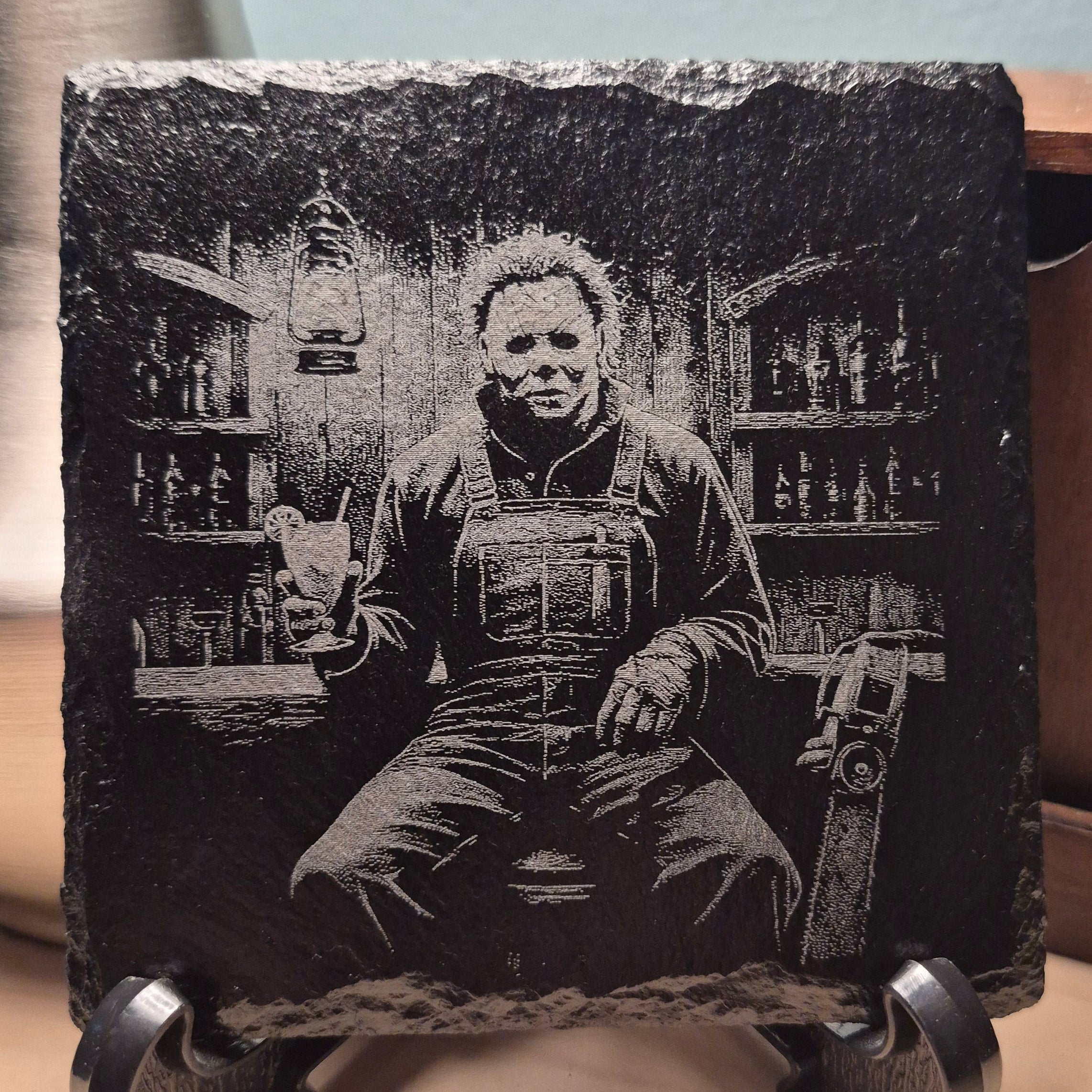 Laser Engraved Slate Coaster - Michael Myers Bar Scene * - Halloween Decor