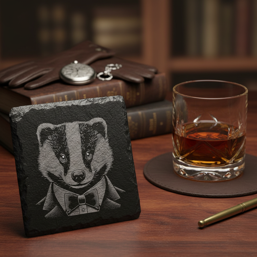 Laser Engraved Badger in Tuxedo Slate Coaster