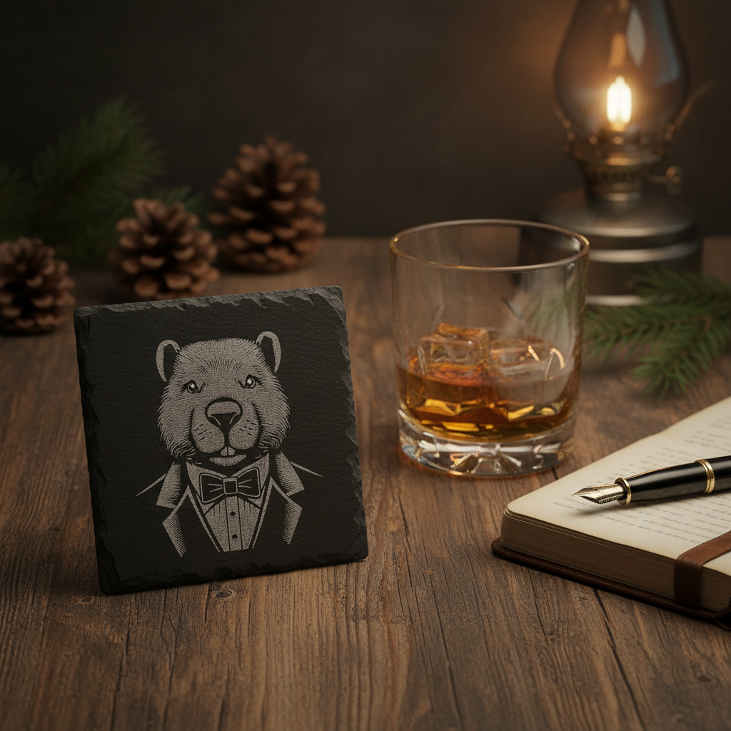 Laser Engraved Bear in Tuxedo Slate Coaster