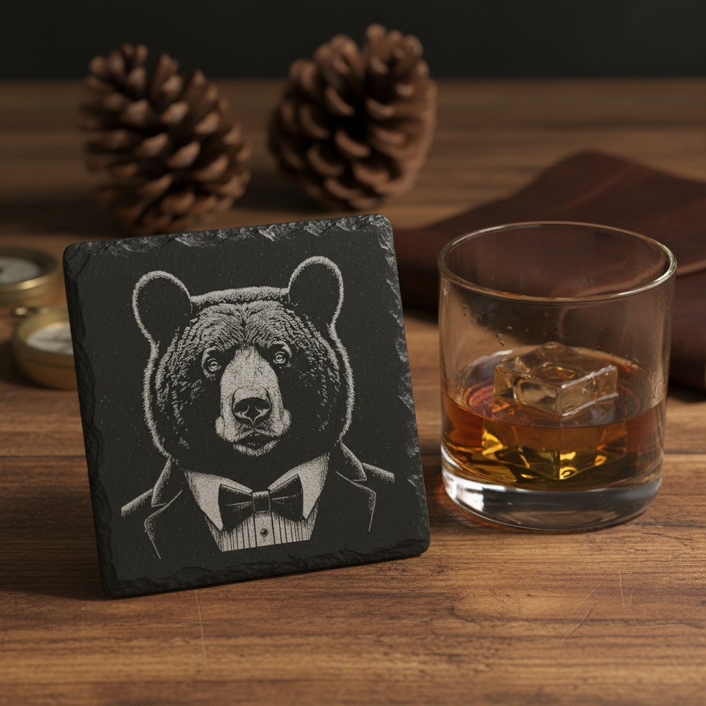 Laser Engraved Bear in Tuxedo Slate Coaster
