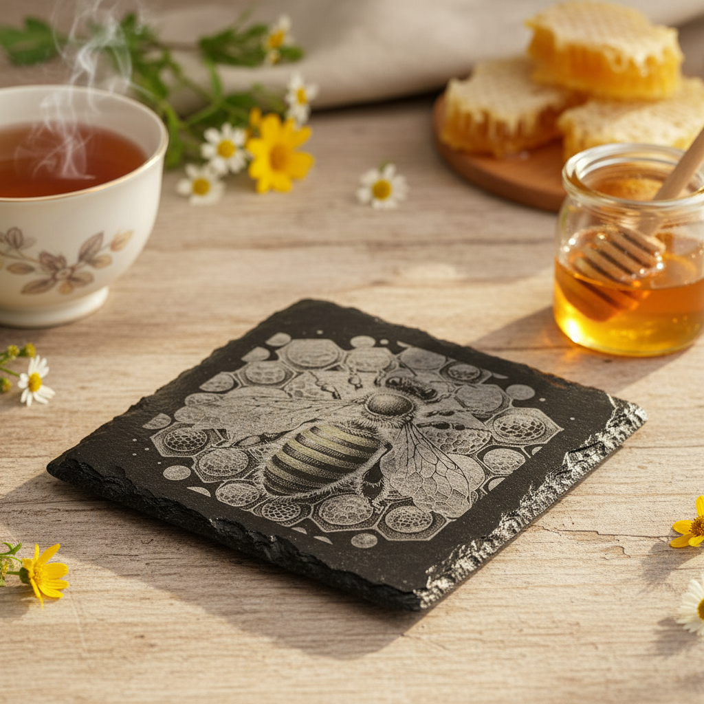 Laser Engraved Bee and Honeycomb Slate Coaster