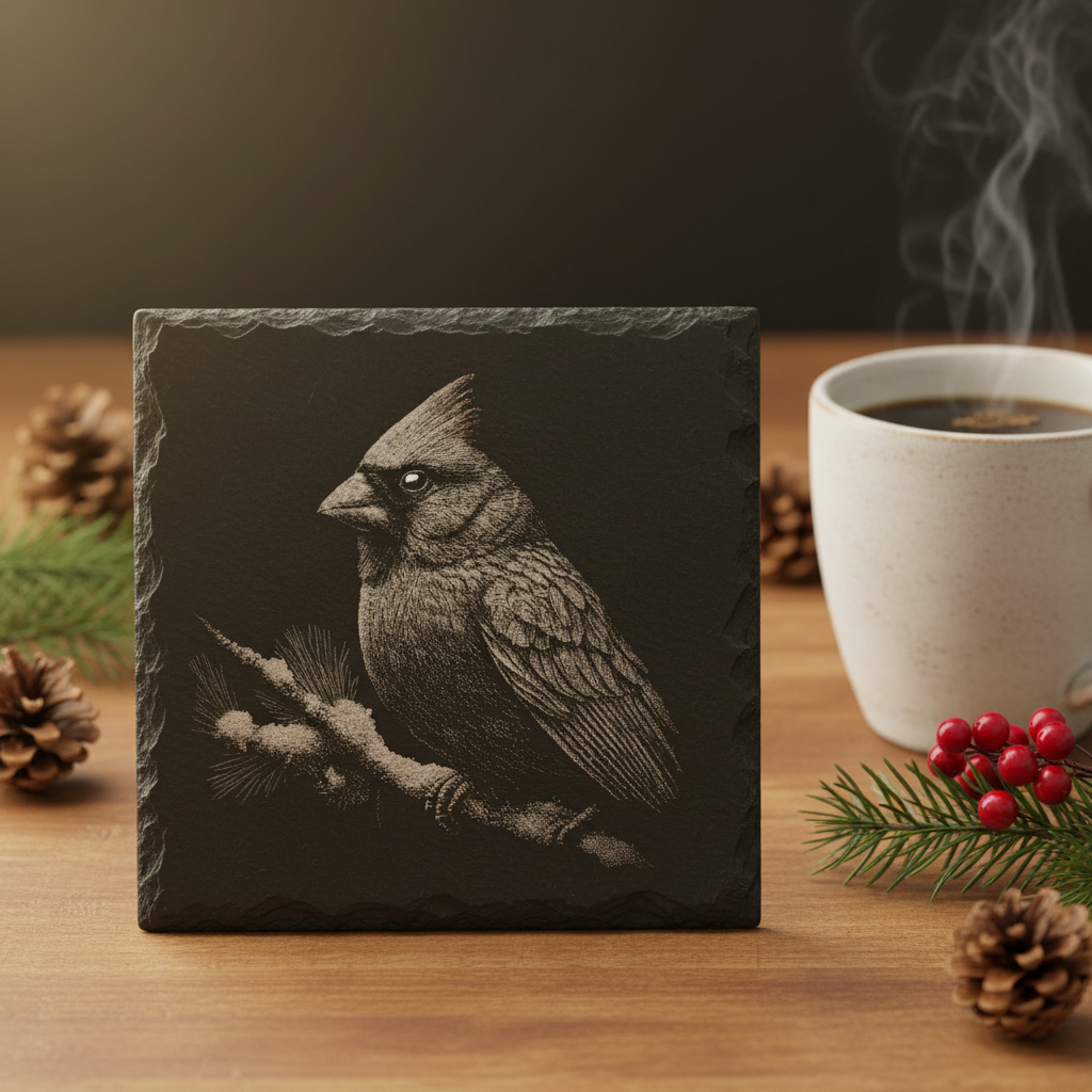 Laser Engraved Cardinal Bird Slate Coaster