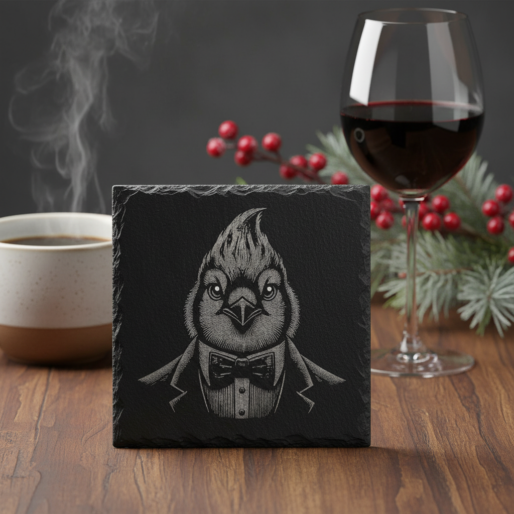 Laser Engraved Cardinal in Tuxedo Slate Coaster