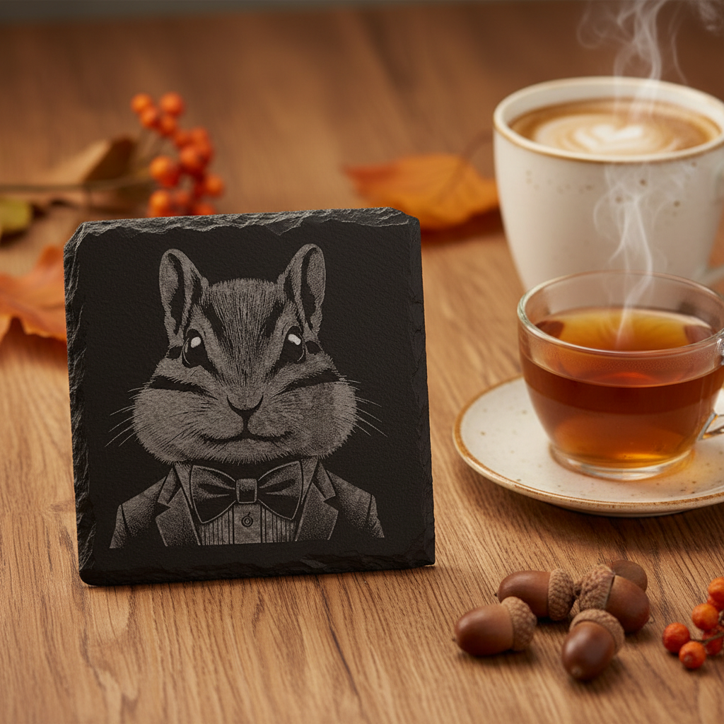 Laser Engraved Chipmunk in Tuxedo Slate Coaster