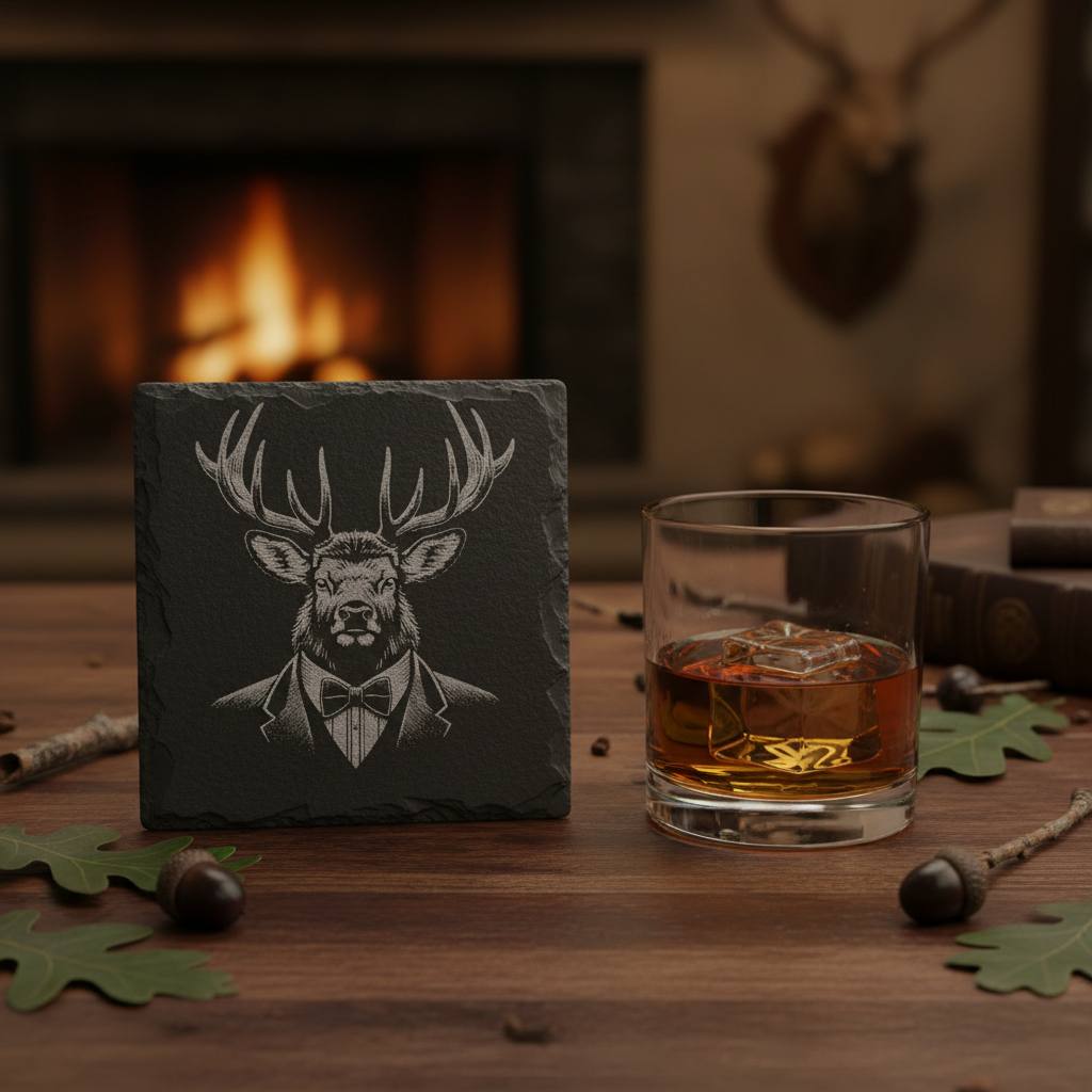 Laser Engraved Deer in Tuxedo Slate Coaster