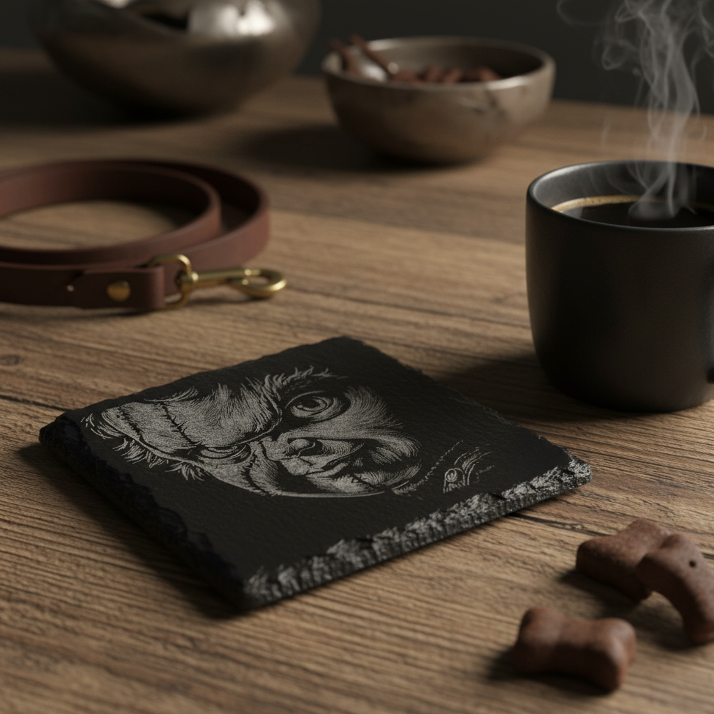 Laser Engraved Dramatic Dog Close-Up Portrait Slate Coaster