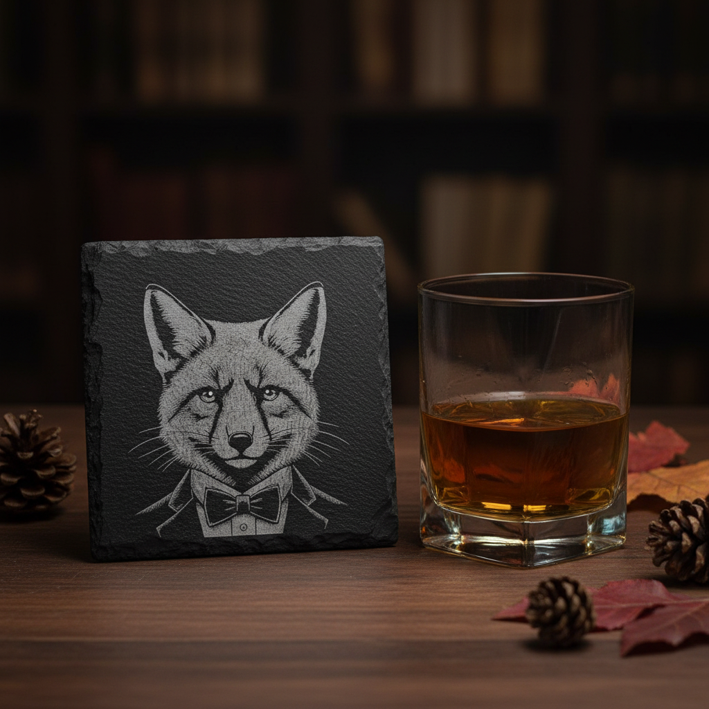 Laser Engraved Fox in Tuxedo Slate Coaster