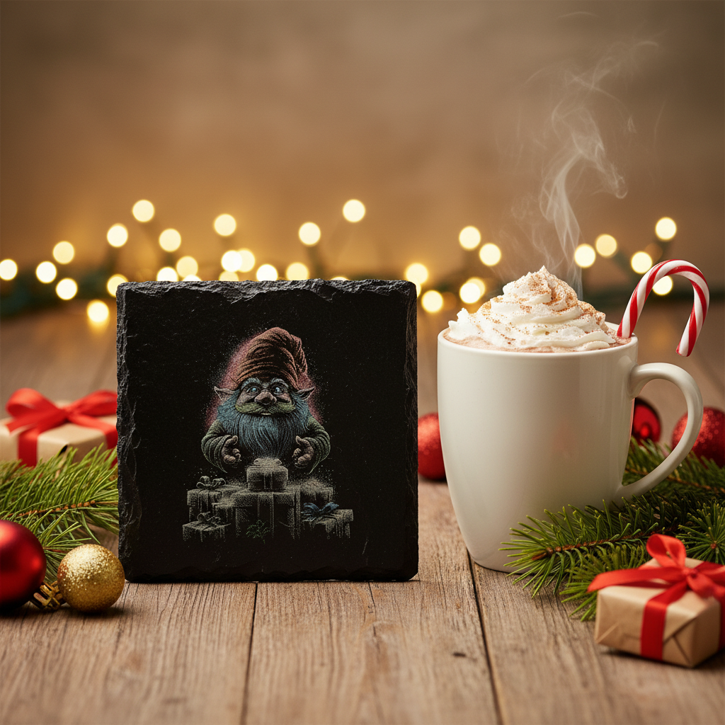 Laser Engraved Gnome with Christmas Gifts Slate Coaster