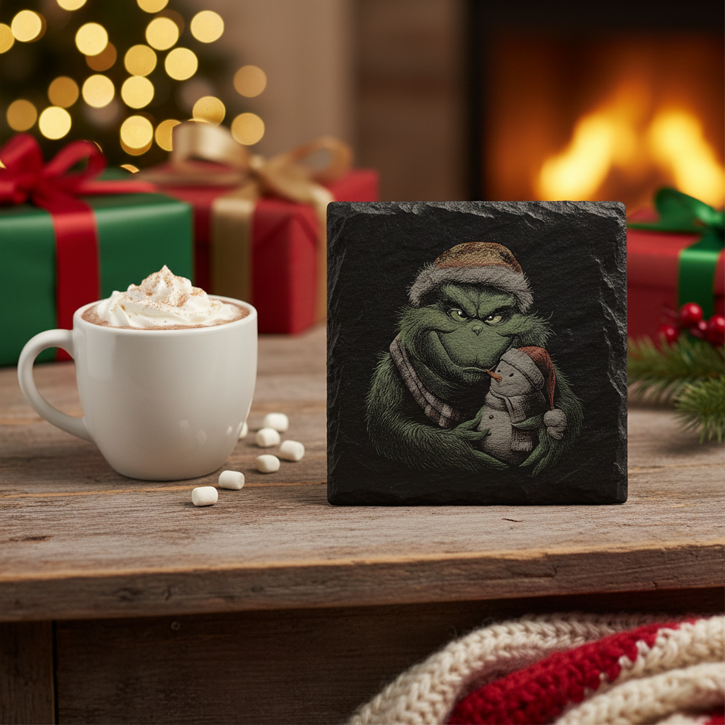 Laser Engraved Grinch Holding Max Slate Coaster