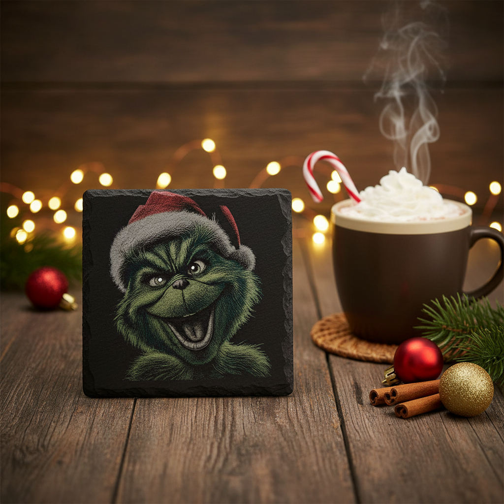 Laser Engraved Grinch in Santa Hat Slate Coaster